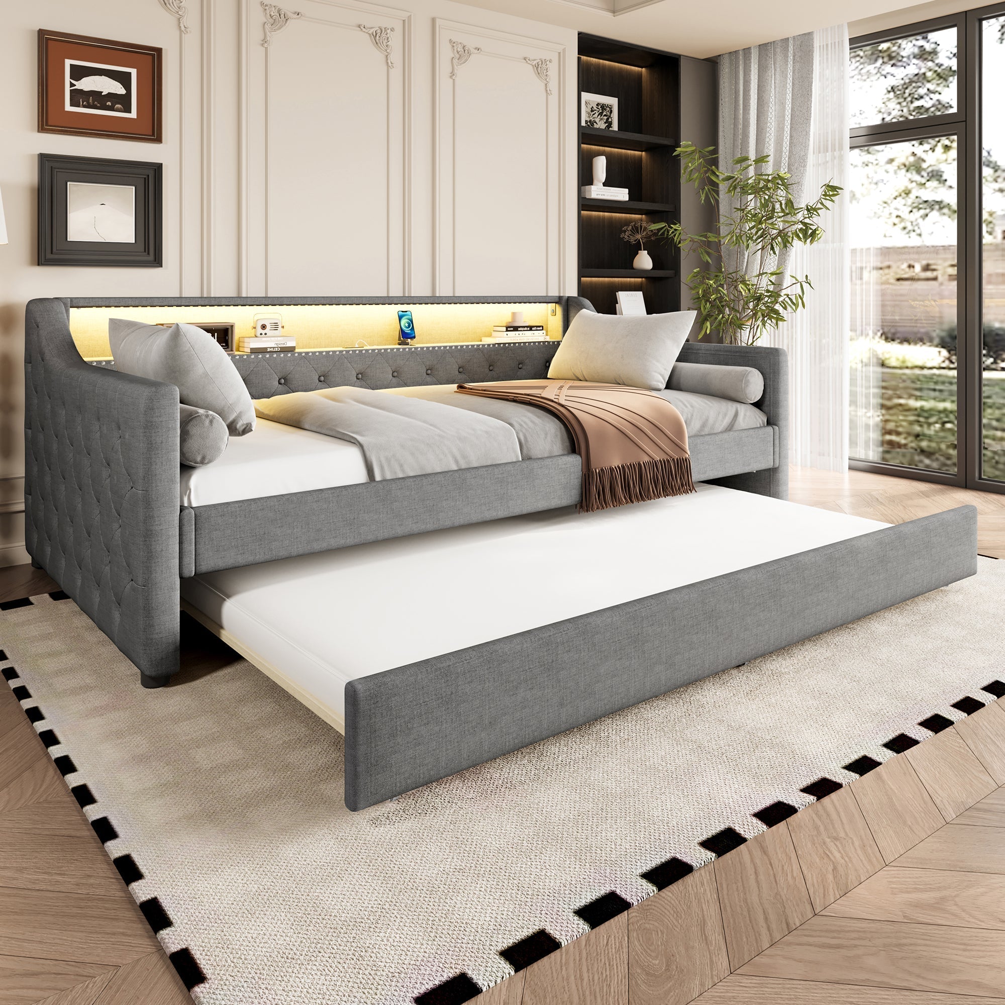 Daybed Sofa Bed 90x200cm Pull-out Bed LED USB - Linen Grey