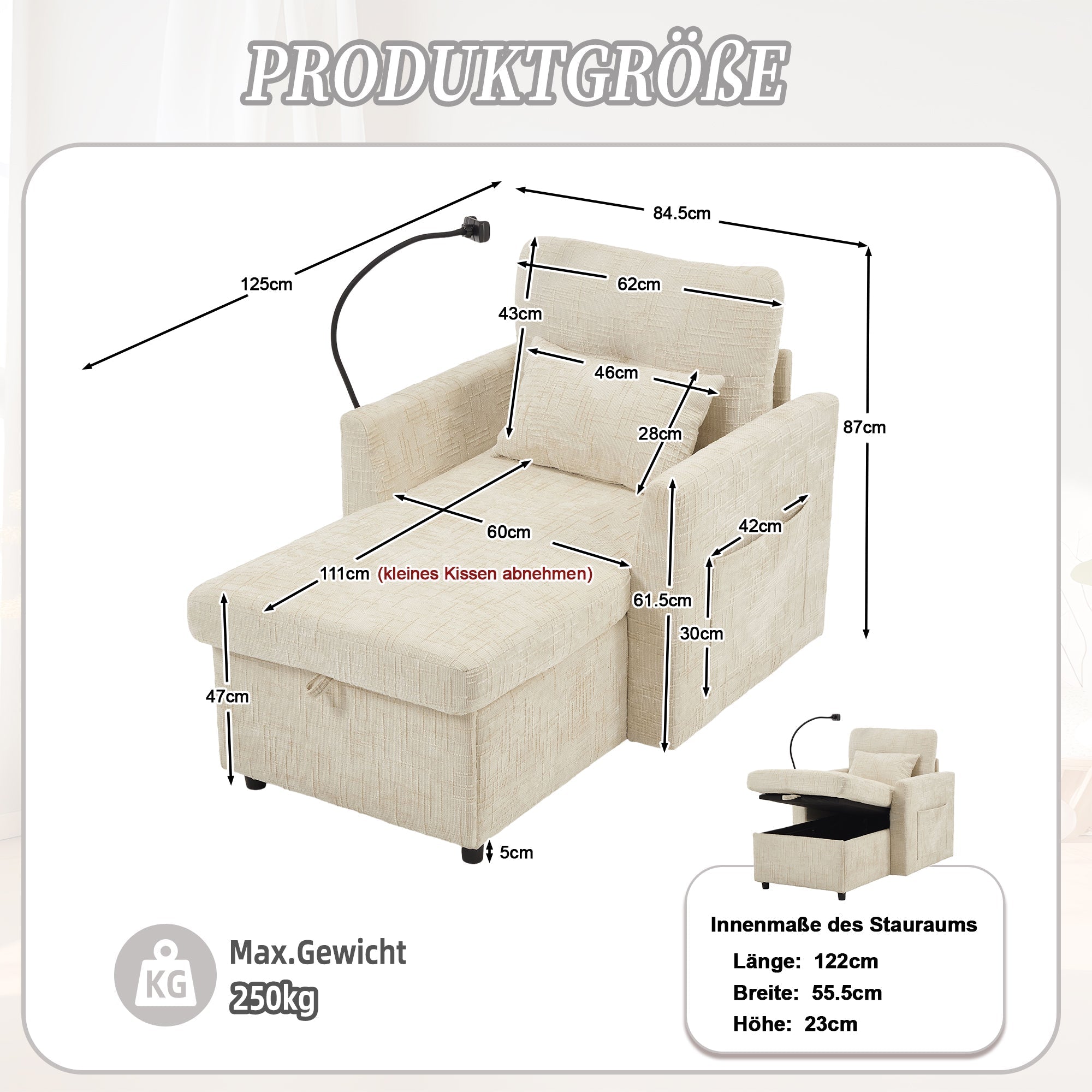 Lazy Sofa, Multifunctional Stowable Backrest with Phone Holder, Chenille