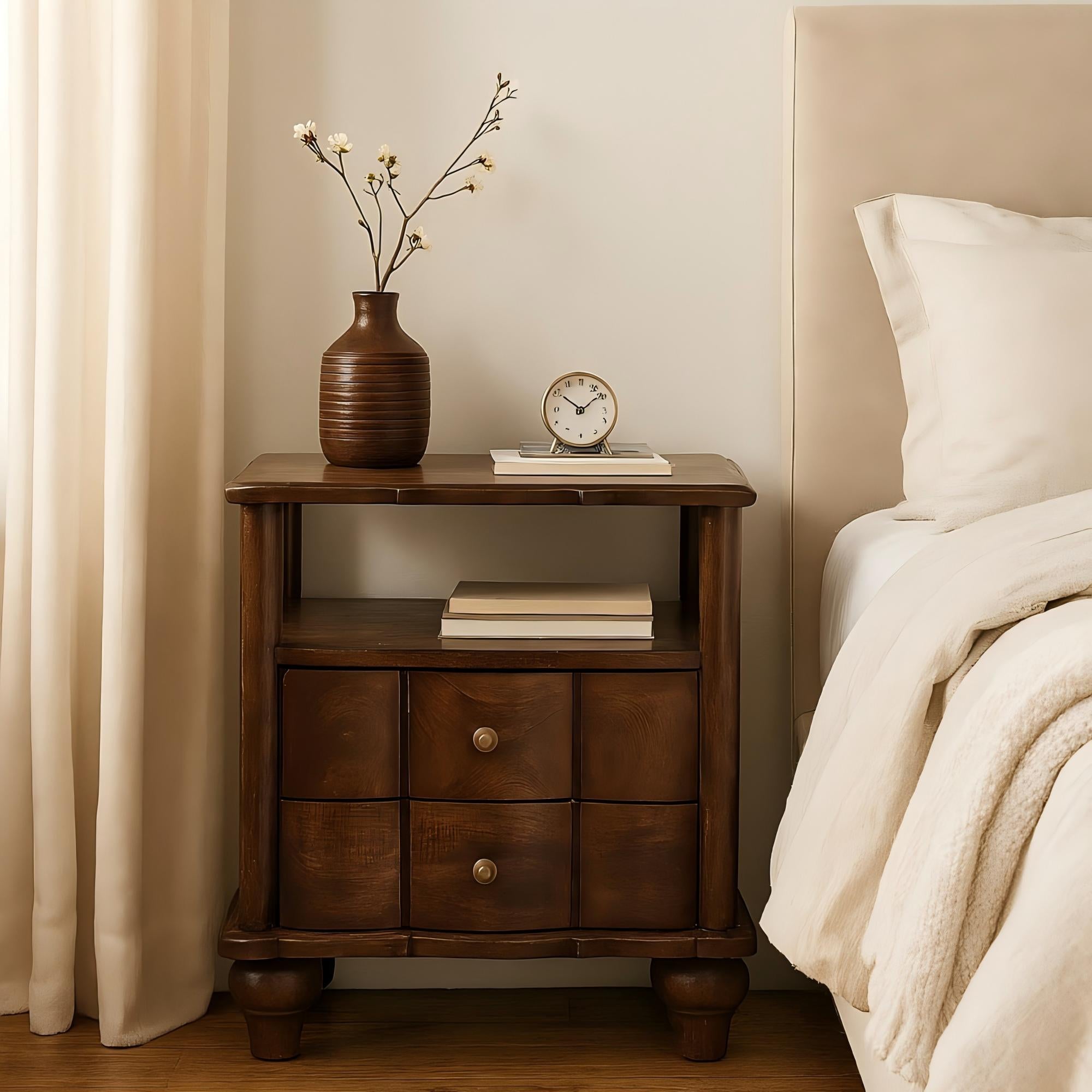 Nightstand 2-Drawer with Open Shelf, Solid Wood Brown