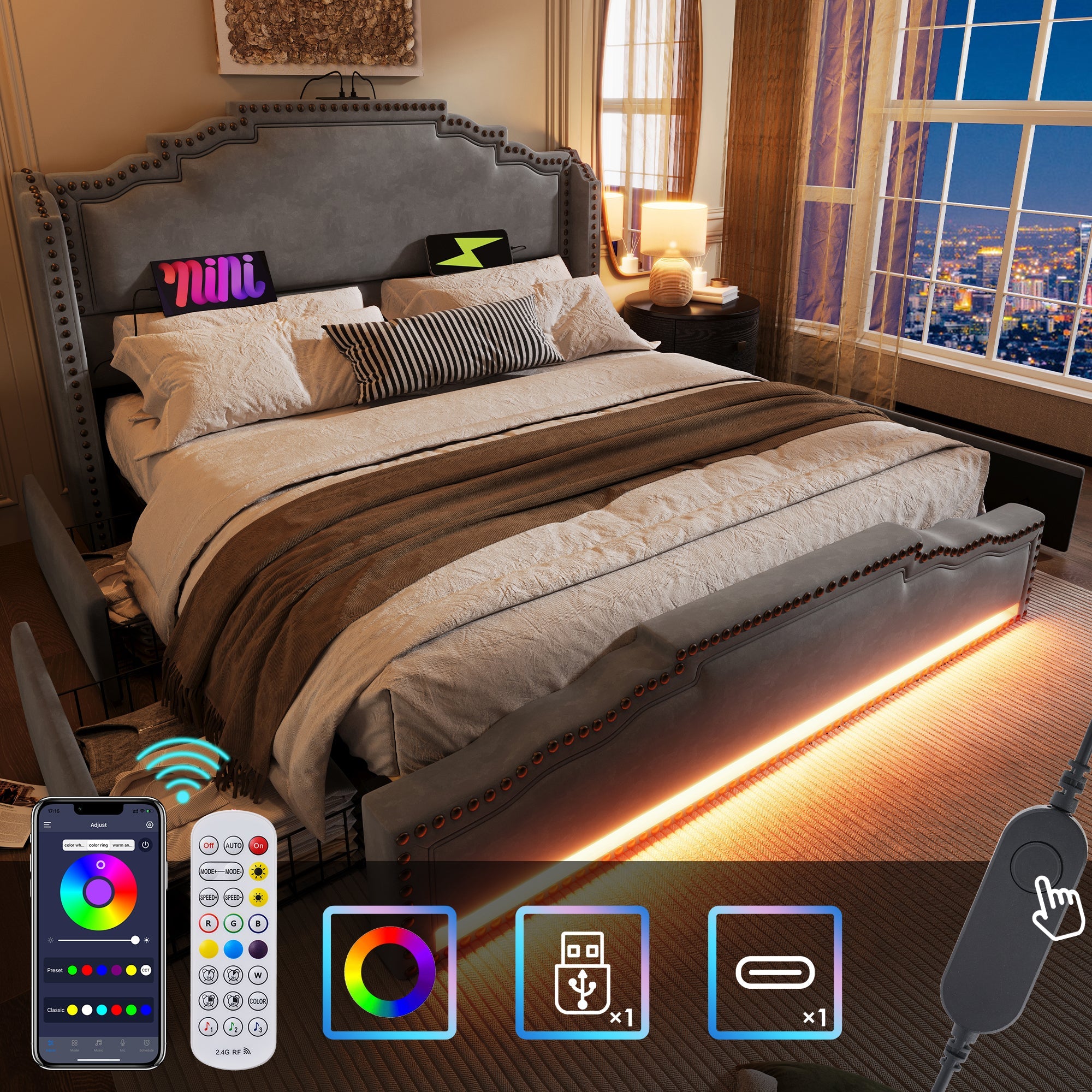 Upholstered Bed 180x200, 4 Drawers, LED, USB-C, Velvet Grey