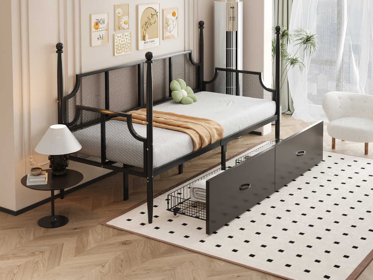 Iron Sofa Bed 90x200, Vintage Mesh with Storage, Black