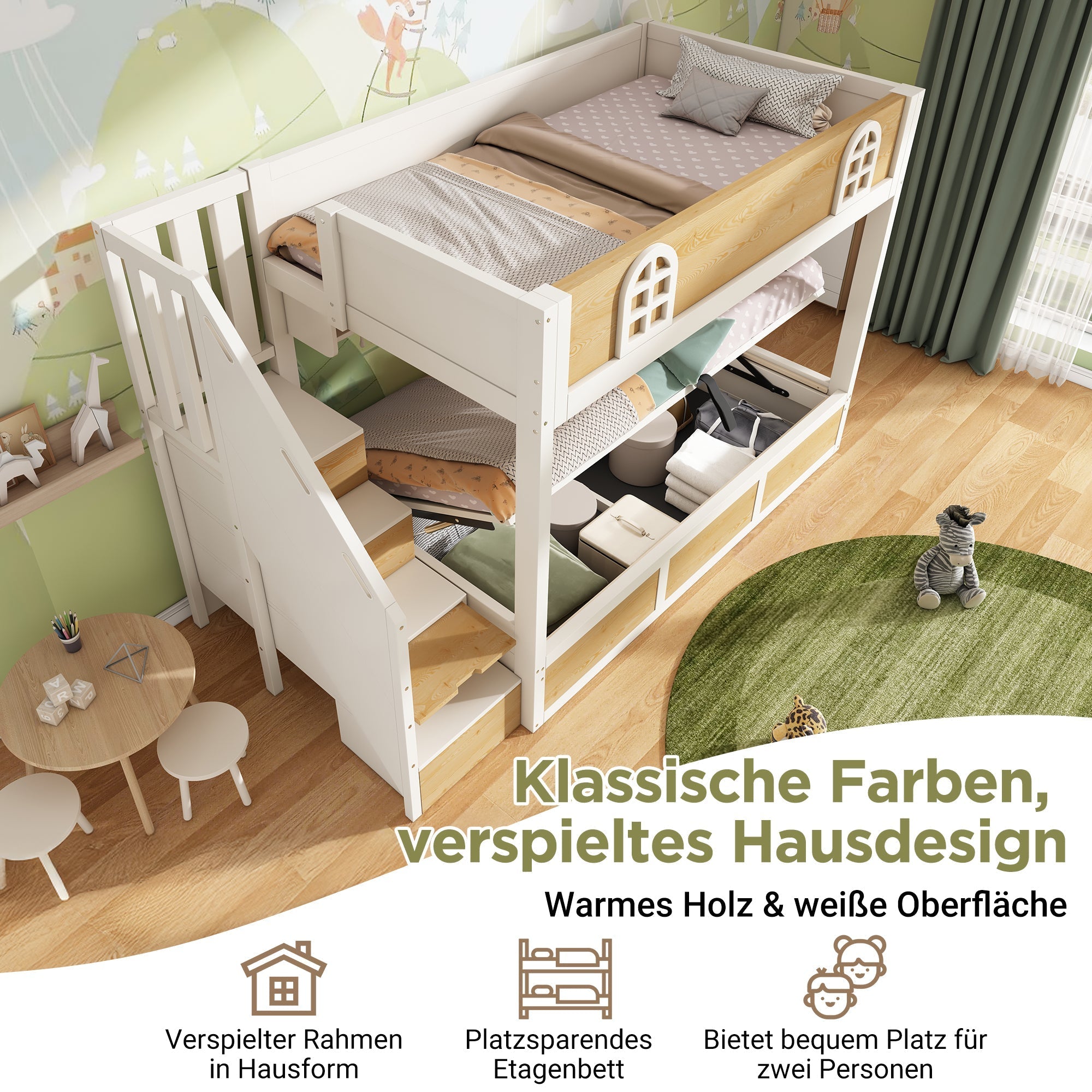 Children's Bunk Bed 90x200cm Staircase Wardrobe Storage White and Natural