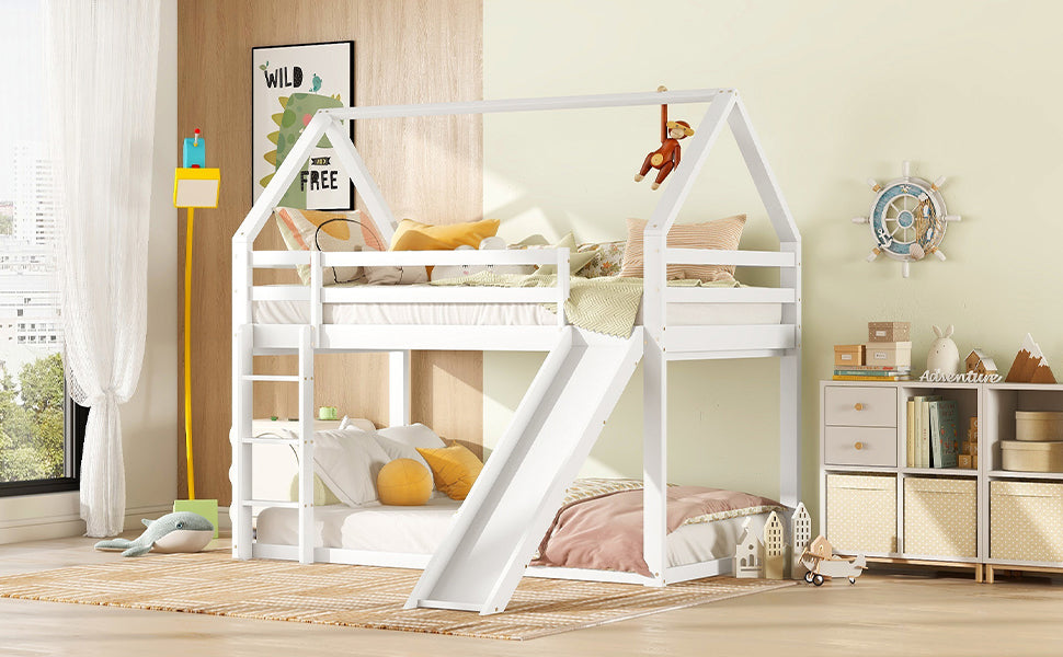 Children's House Bunk Bed 90x200cm with Slide and Ladder - White