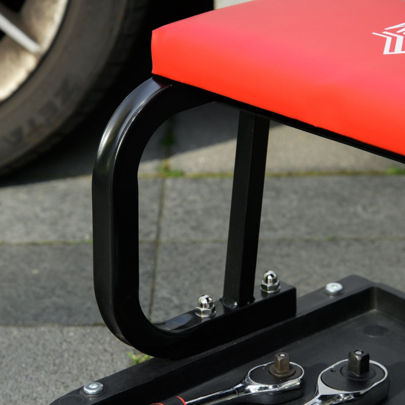 Workshop Stool, Rolling 360° Swivel Padded Seat Tool Tray, Red