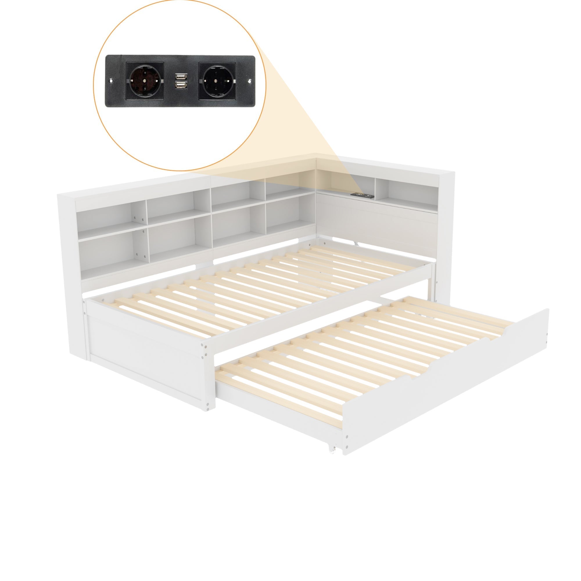Sofa Bed 90*200 Pull-Out with USB & Storage, Solid Wood, White