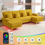 U-Shaped Sofa, LED Ambient Lighting & USB-C Port, Yellow