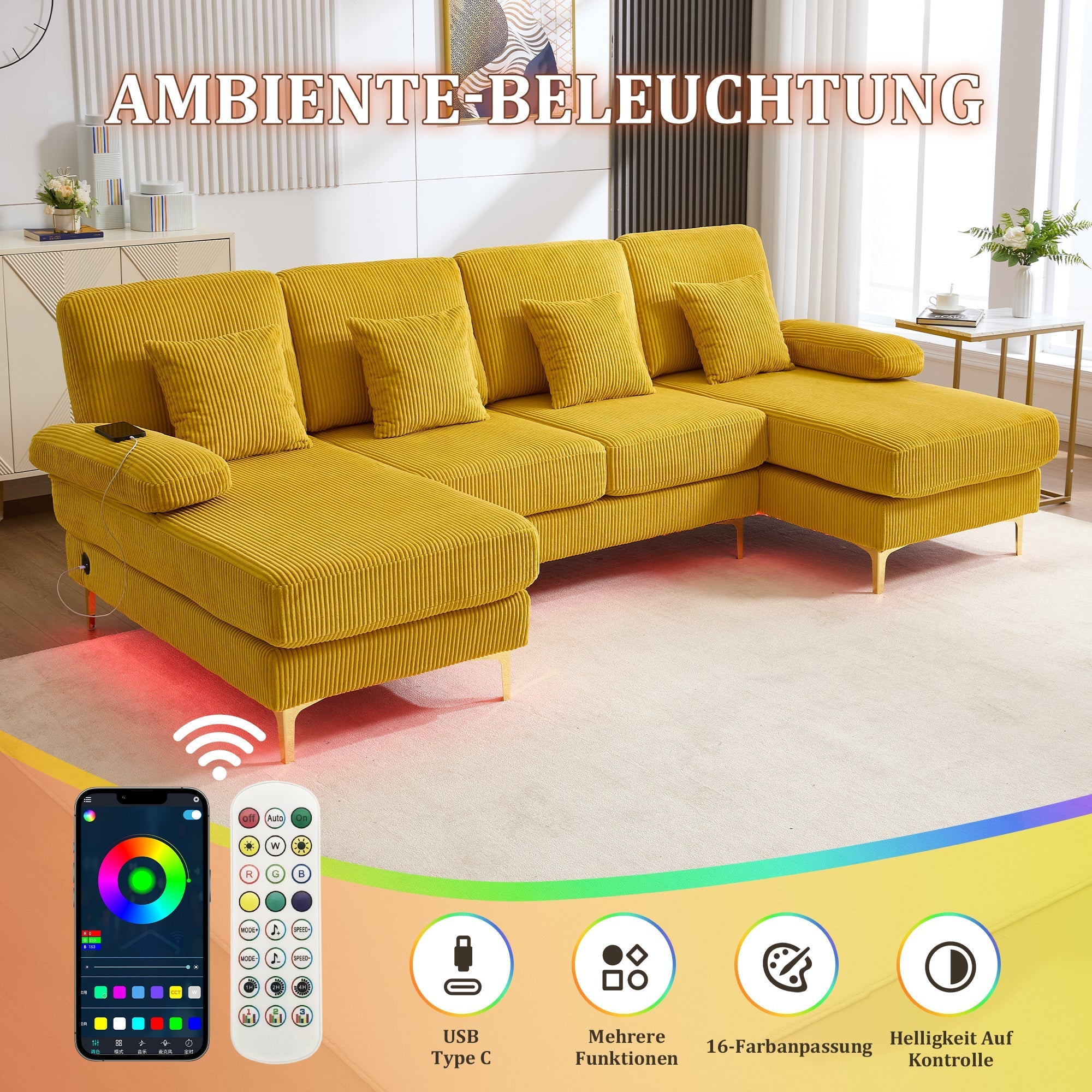 U-Shaped Sofa, LED Ambient Lighting & USB-C Port, Yellow