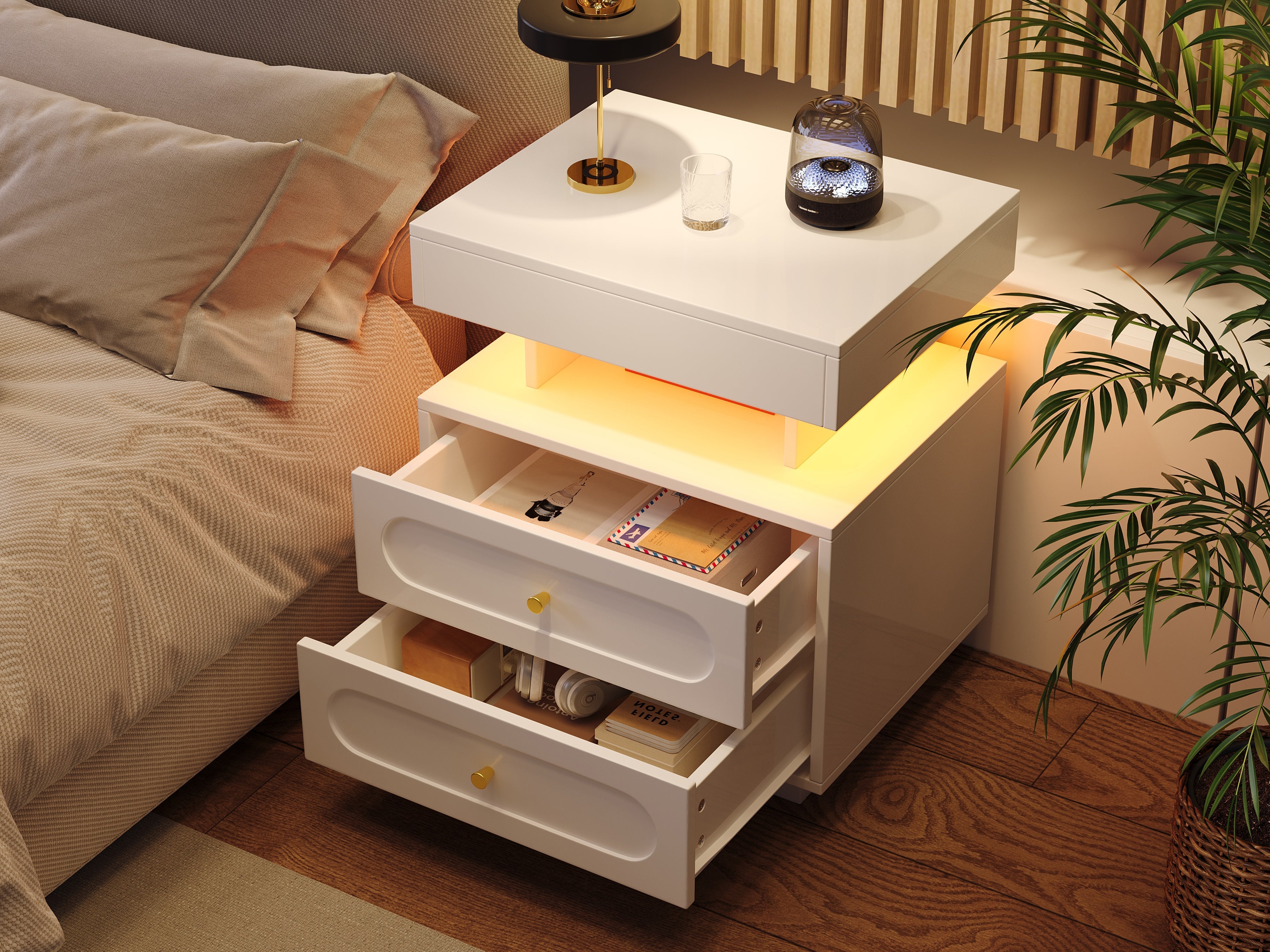 Nachttisch mit LED, 2 Schubladen und offenem Fach, Weiß
