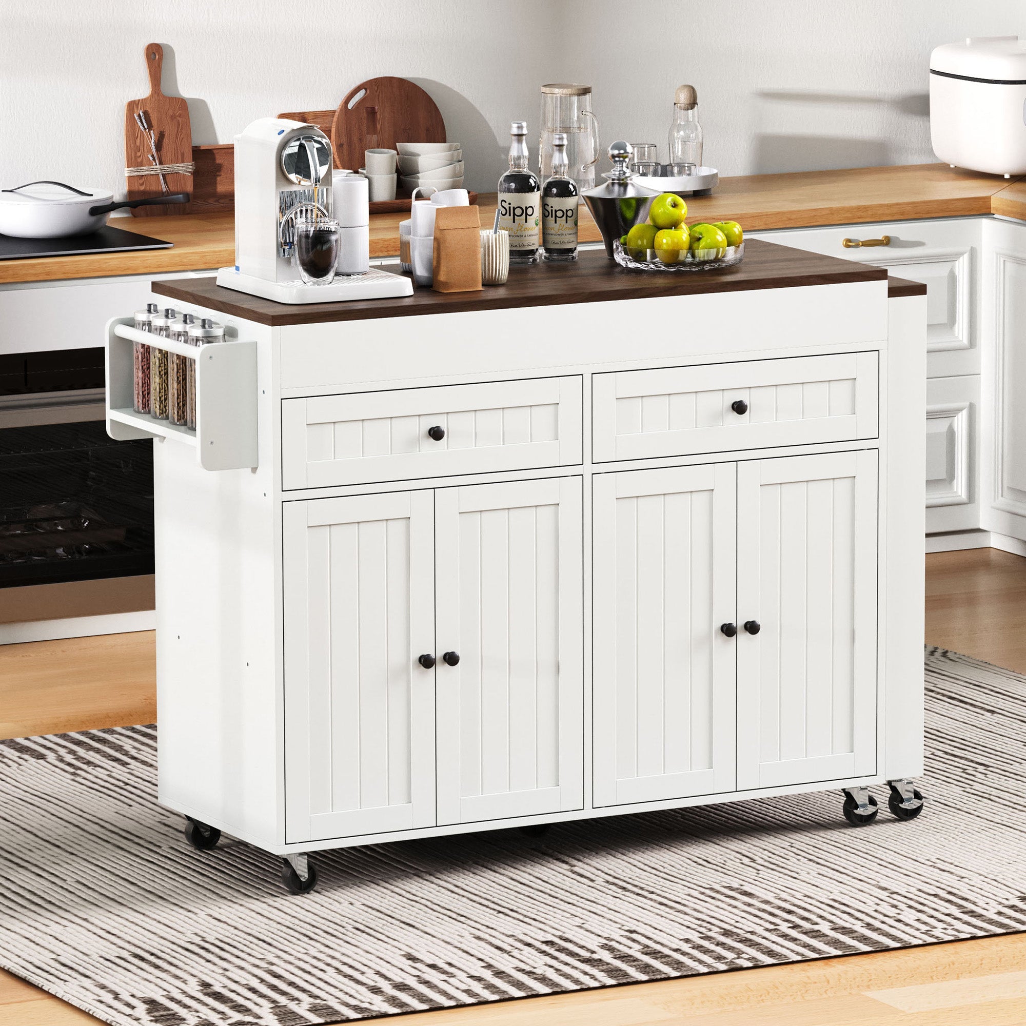 Kitchen Island on Wheels, Extendable with Worktop & Drawers, White + Walnut