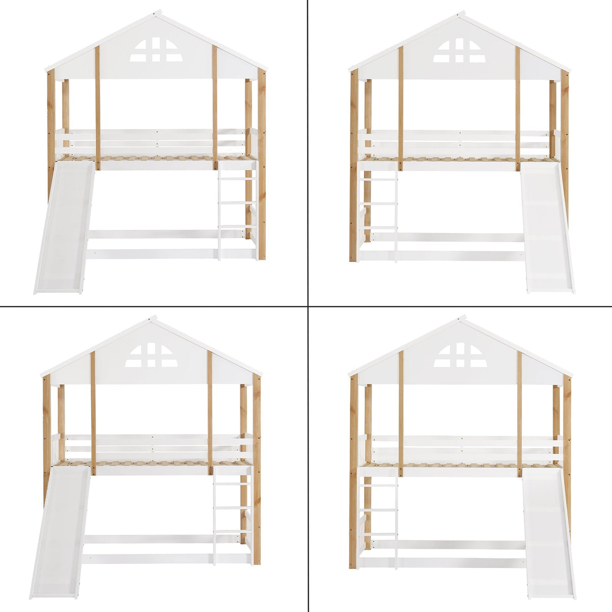 Bunk Bed with Windows, Slide, Safety Railings, 90x200cm, Solid Wood, White/Natural