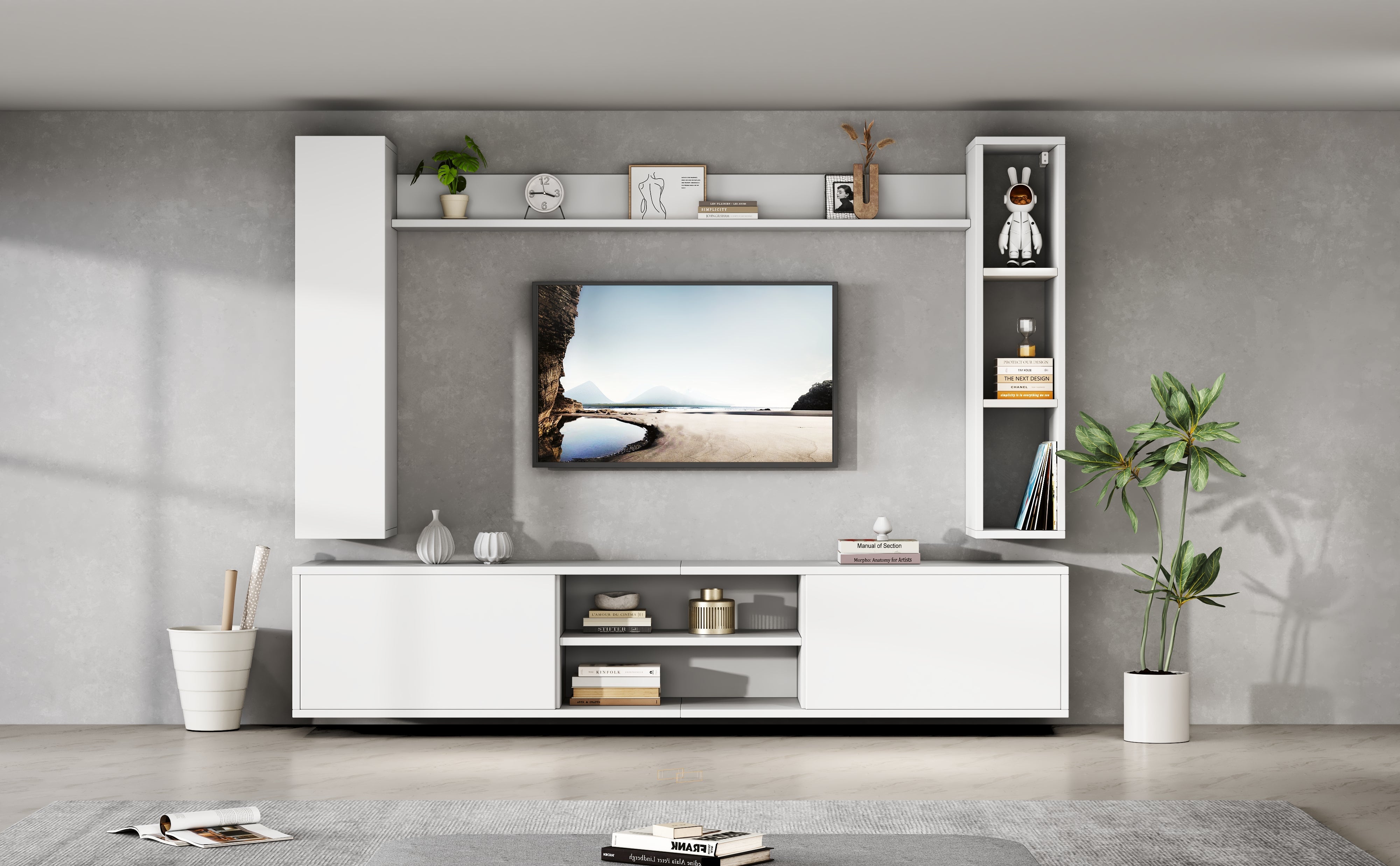 TV Wall Unit Set, 4-Piece Media with Display Cabinets, TV Board, Shelves, White