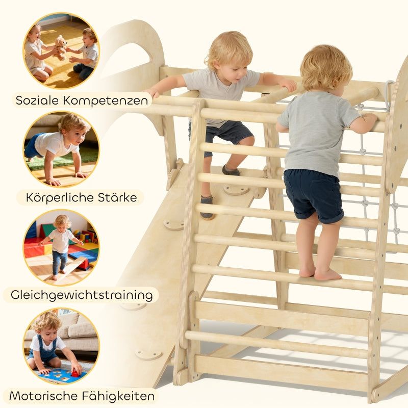 Indoor Climbing Frame 6-in-1 Slide Wall Net Ages 3-6 - Wood