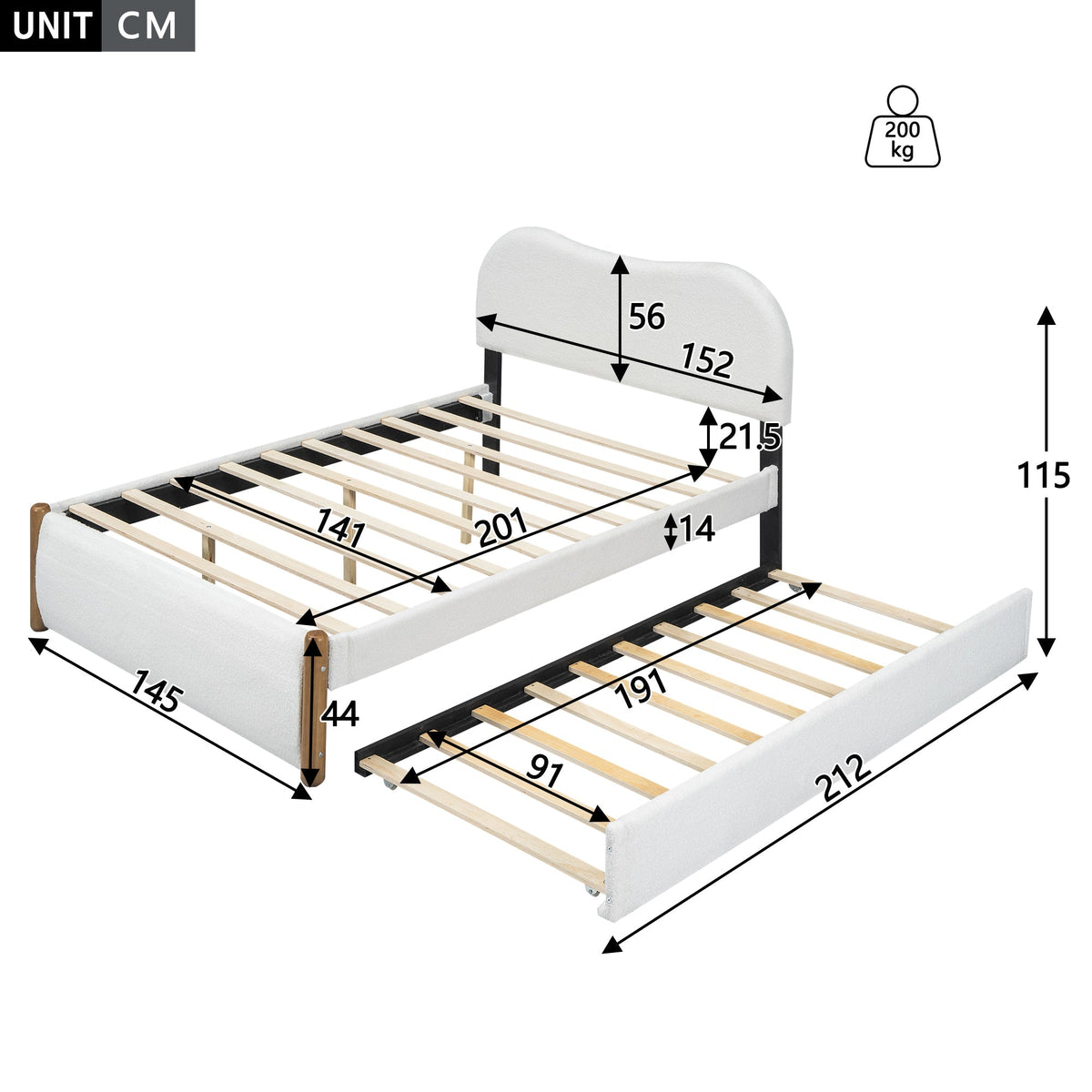 Upholstered Bed 140x200cm Pull-out Rollaway Bed - White