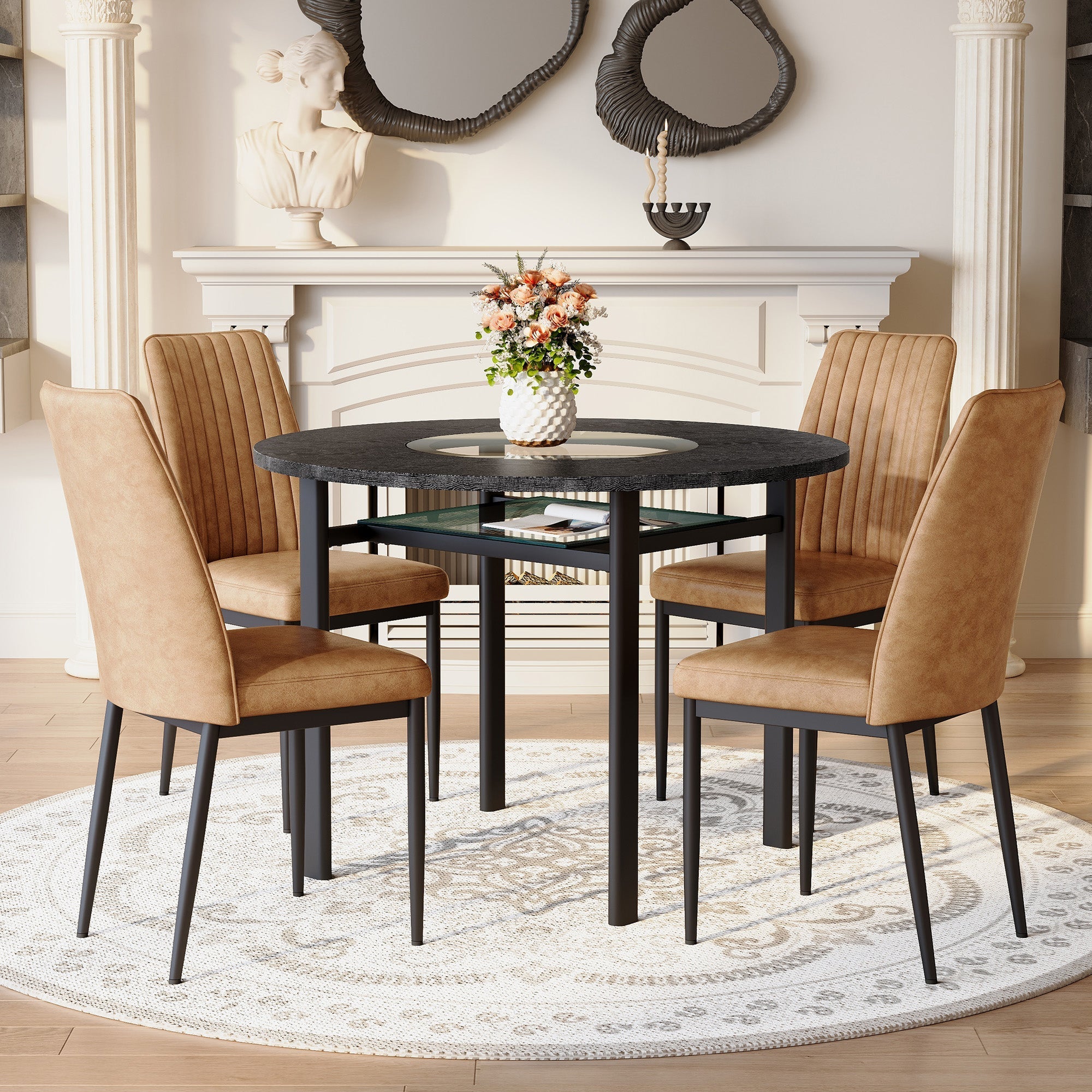 Dining Set Round 100cm Table Storage 4 Chairs - Black Wood Look/Brown Fabric