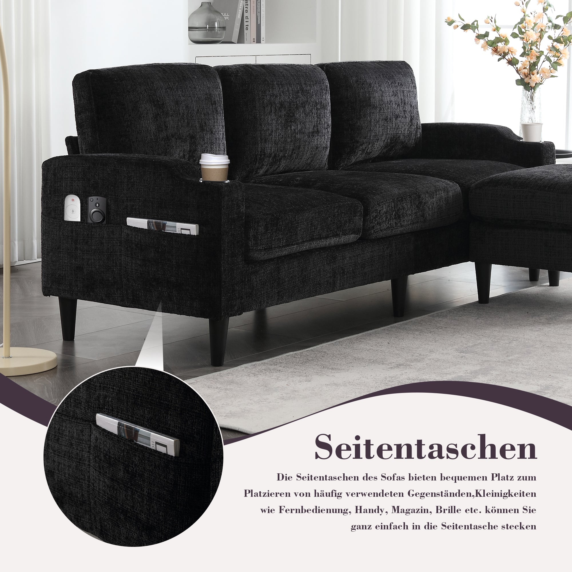 Sofa with Footstool & Storage, 4-Seater with Cup Holder, Velvet