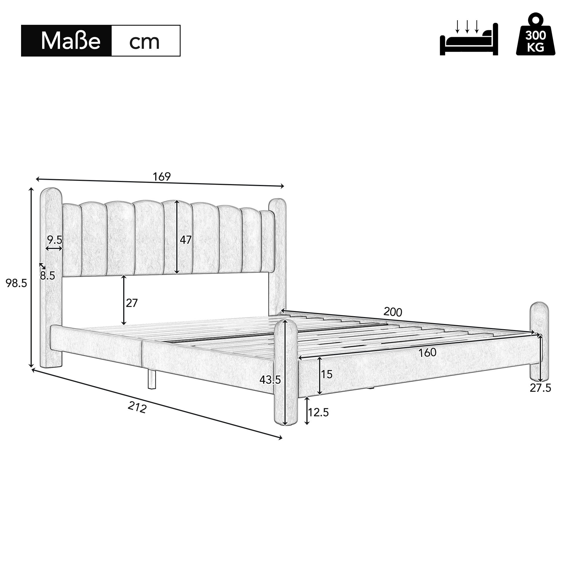 Upholstered Bed with Fan-Shaped Headboard and Slatted Base, 160x200cm, Blue Velvet