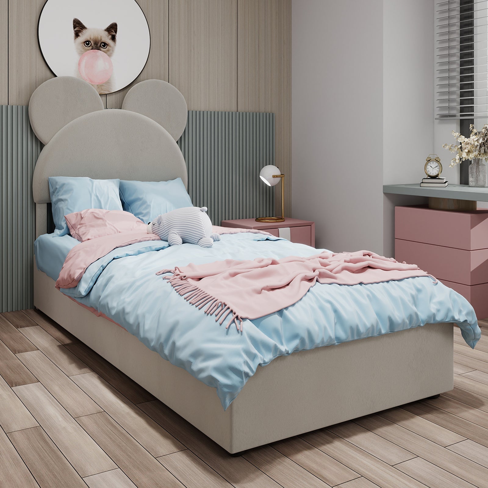 Upholstered Bed, Modern Minimalist Cartoon Headboard, 140x200 cm, Gas Lift Storage, Beige