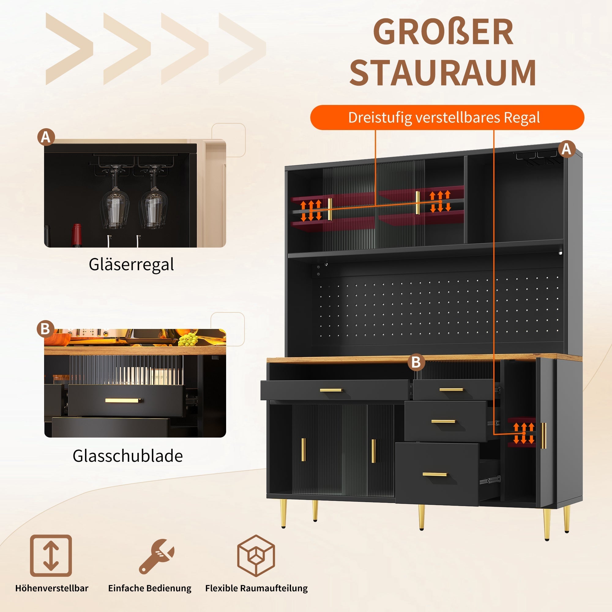 Tall Cabinet LED Lighting Pegboard Shelves Black