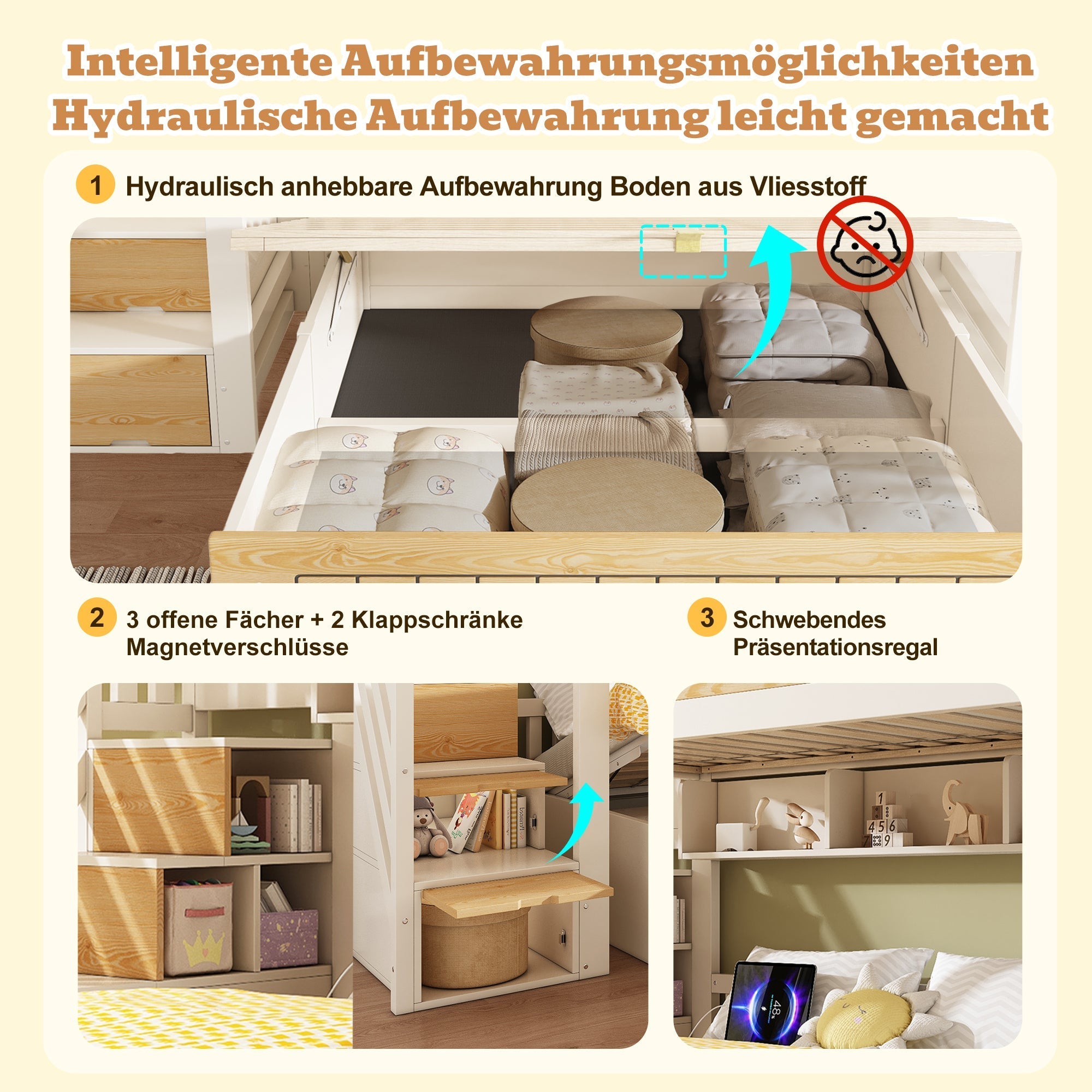 Children's Wooden Bunk Bed 90x200 & 140x200 cm with Hydraulic Storage and USB-C Port, White and Natural