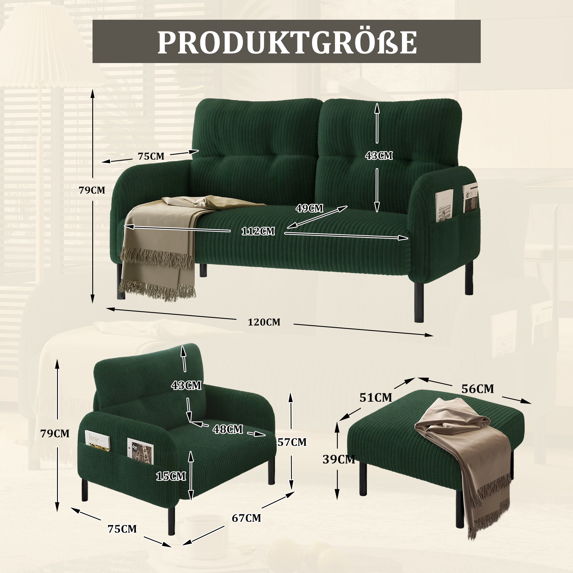 Cord Modular Sofa Set 3-Piece Armchair Footstool 2-Seater Side Pocket Emerald Green