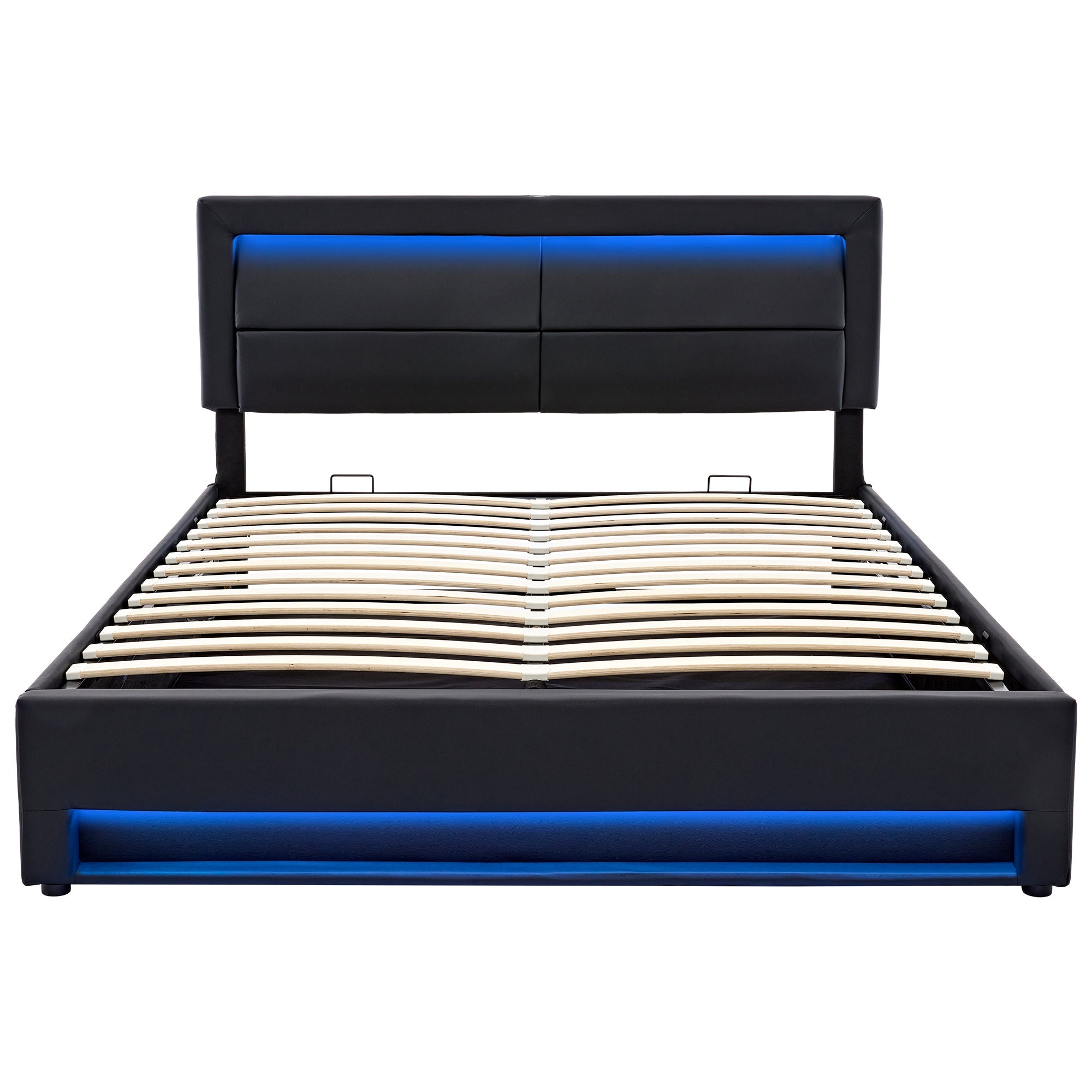 Upholstered Bed with USB Port, LED Lighting and Storage, 140x190cm, Black PU Leather