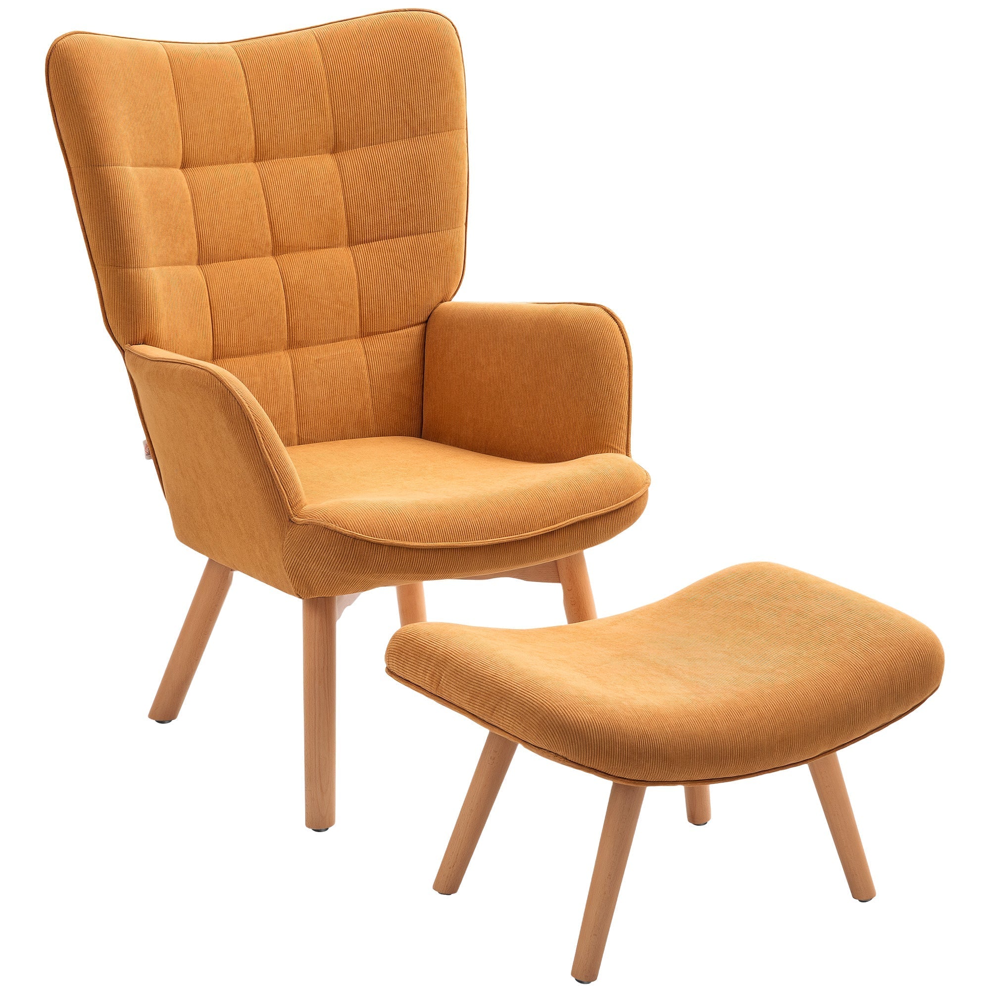 Armchair Footstool Wingback High Back Tufted Wooden Legs Corduroy Brown