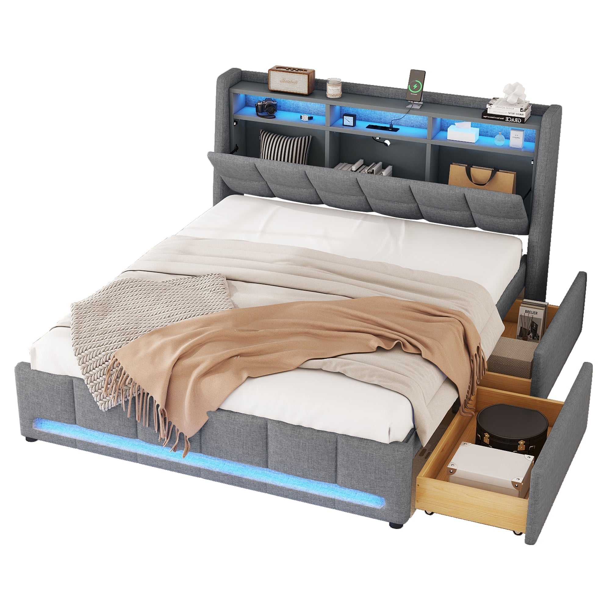 Upholstered Bed 140x200cm LED Light, Drawers, USB/Socket, Built-in Storage - Linen Grey