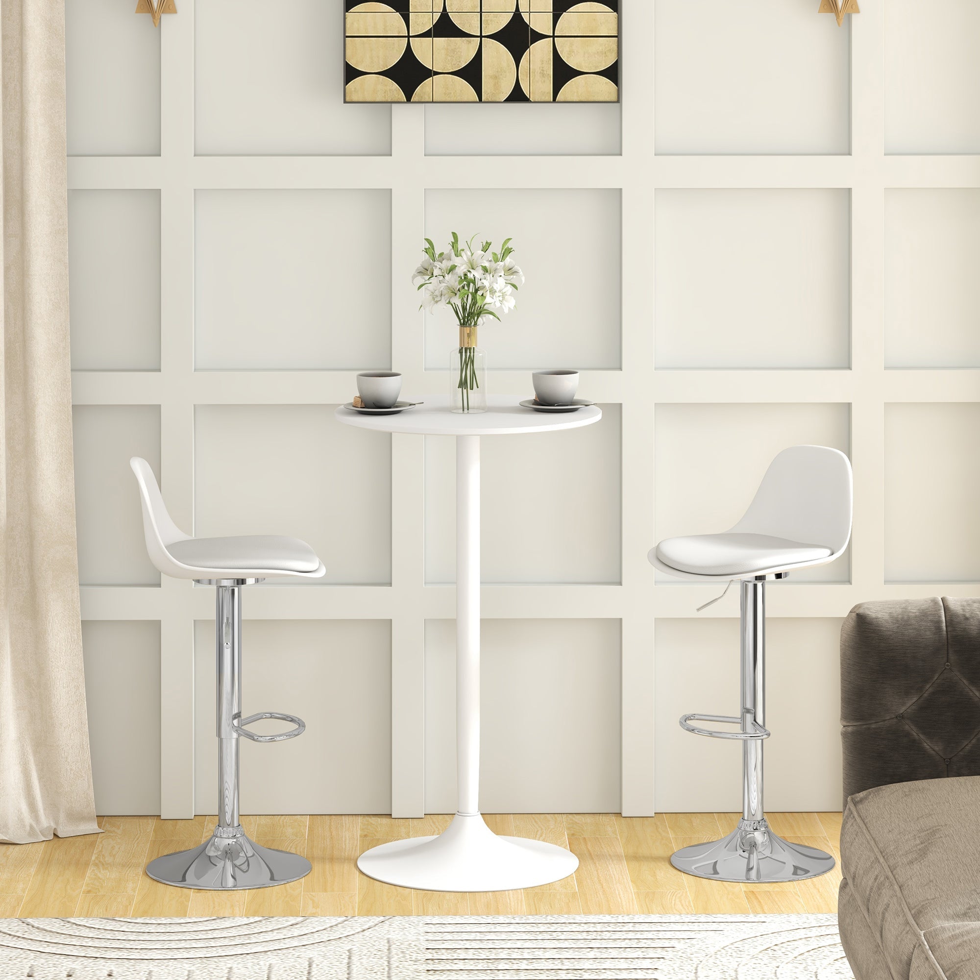 Bar Stools, Set of 2, Swivel, Height-Adjustable, White Faux Leather and Steel