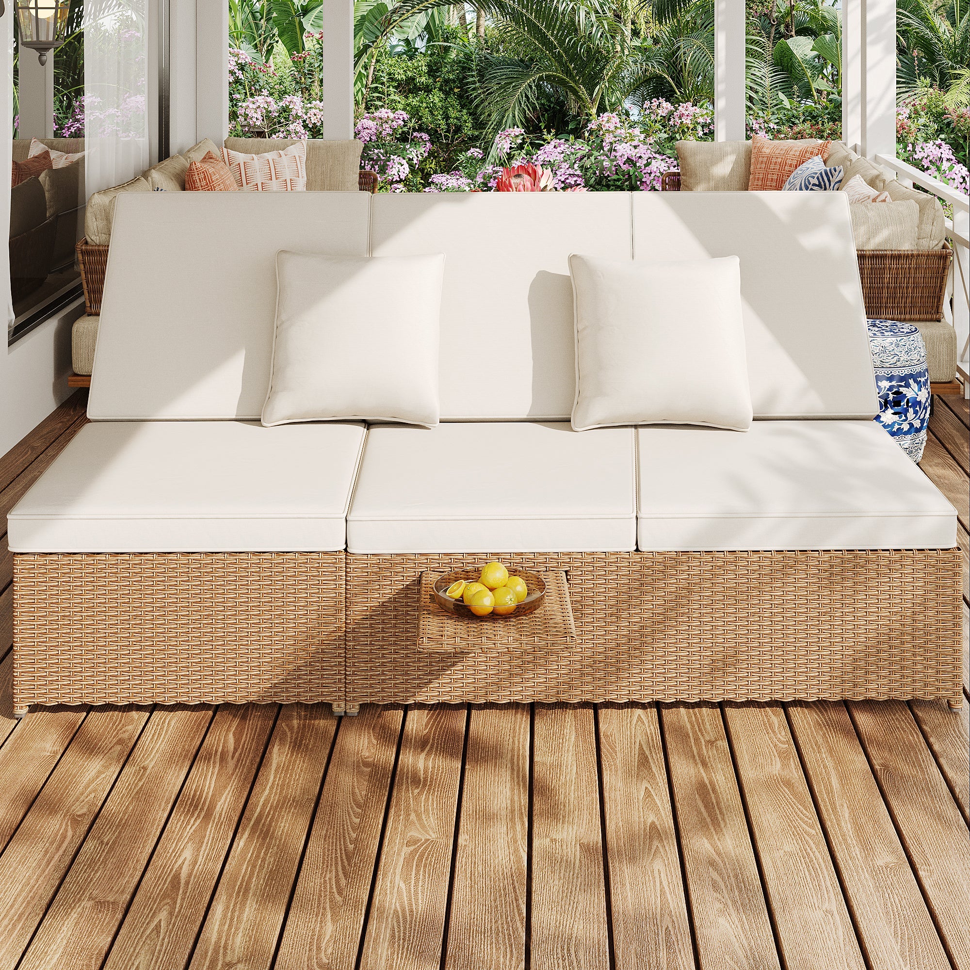 Outdoor Rattan Double Lounger - Foldable Weatherproof with Cushions - White