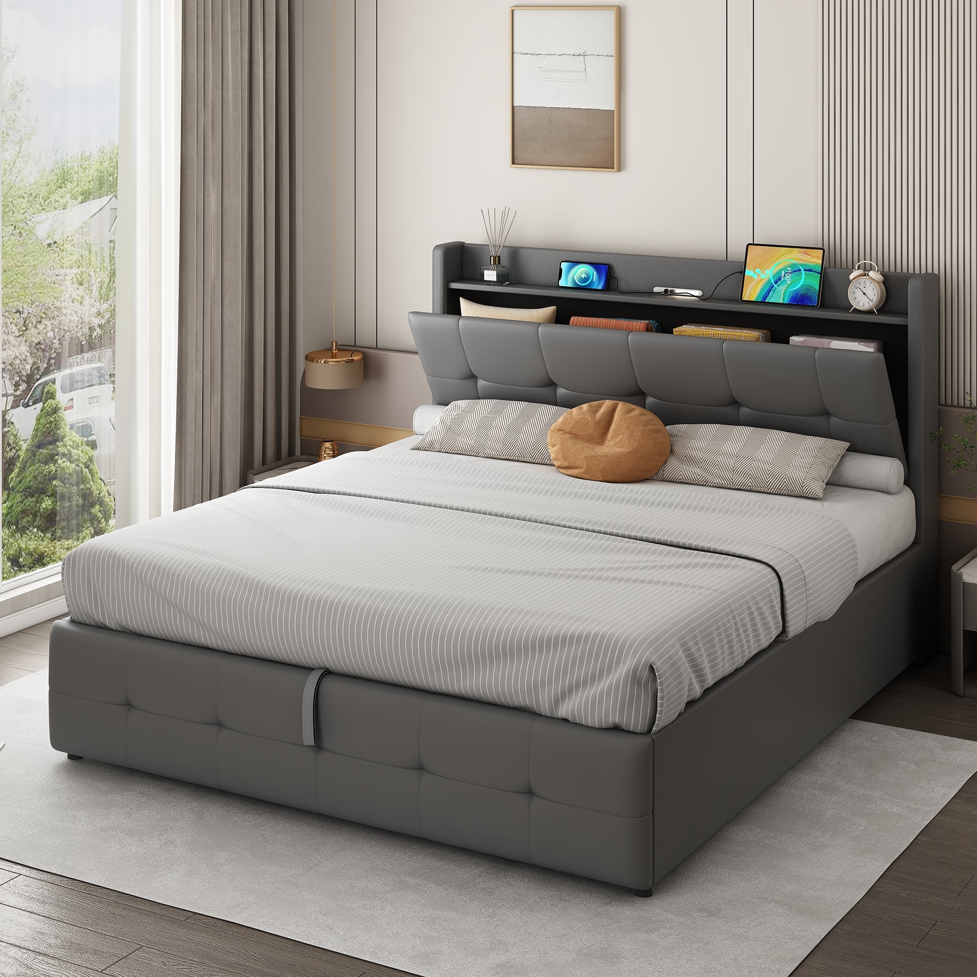 5ft King Upholstered Bed Frame, Hydraulic Storage, Charging Station, LED Night Light, PU Leather, Grey