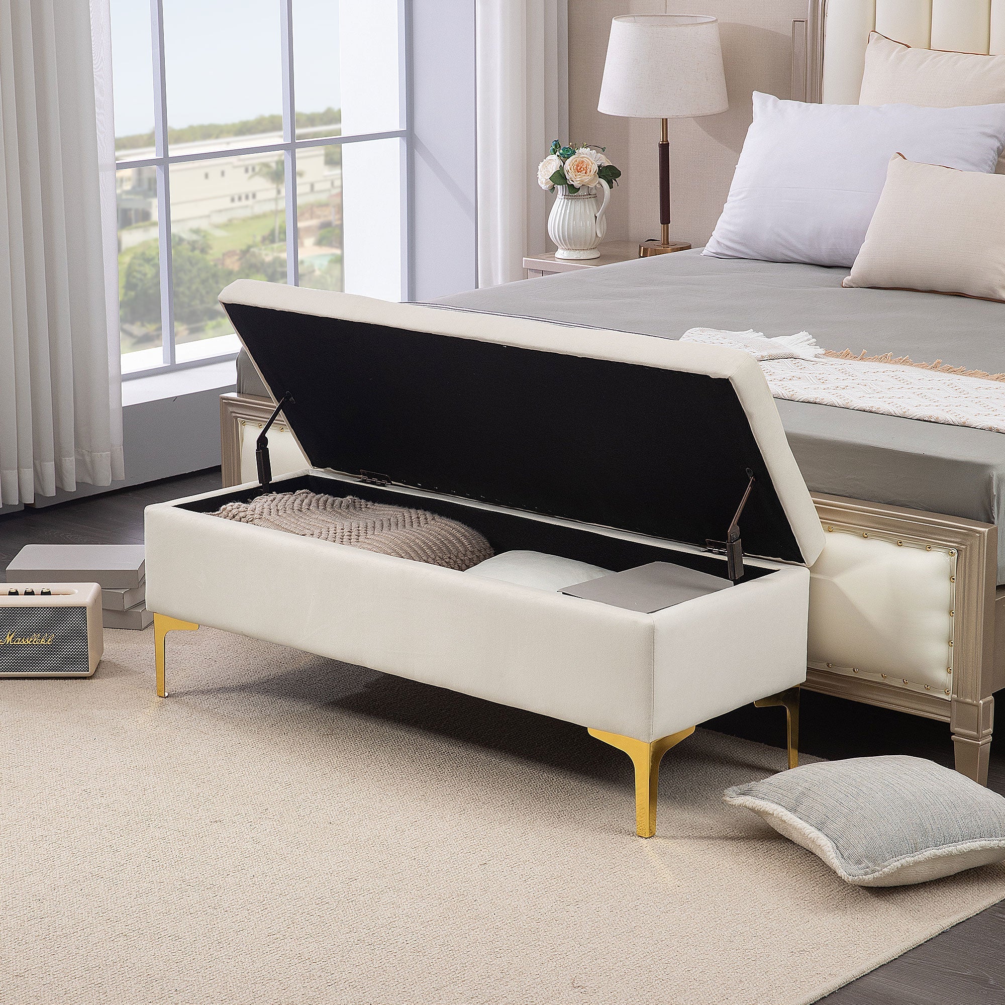 Storage Bench Upholstered Metal Legs, Velvet Look Beige