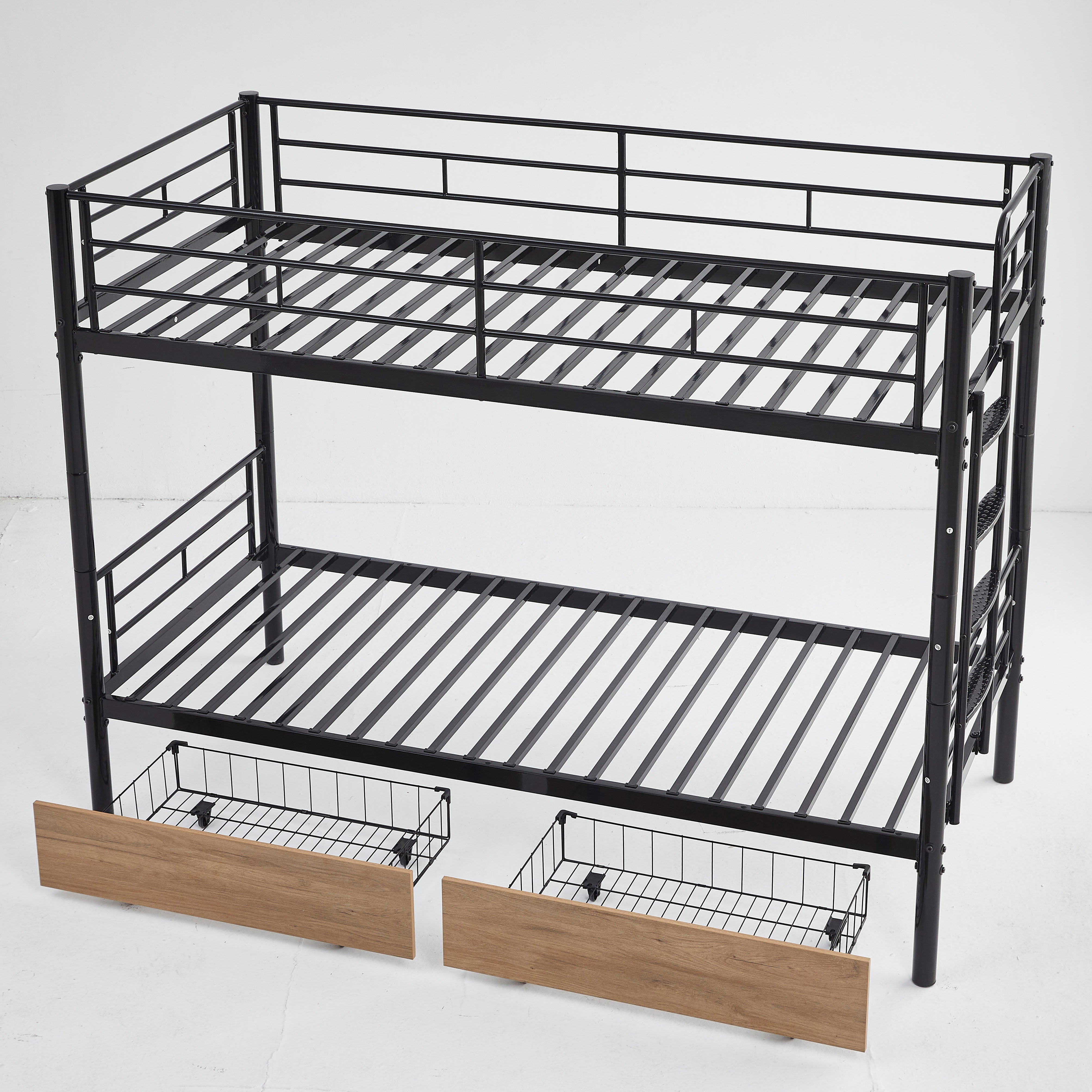Bunk Bed 90x200cm with Drawers, Convertible to Single Beds, Black Metal
