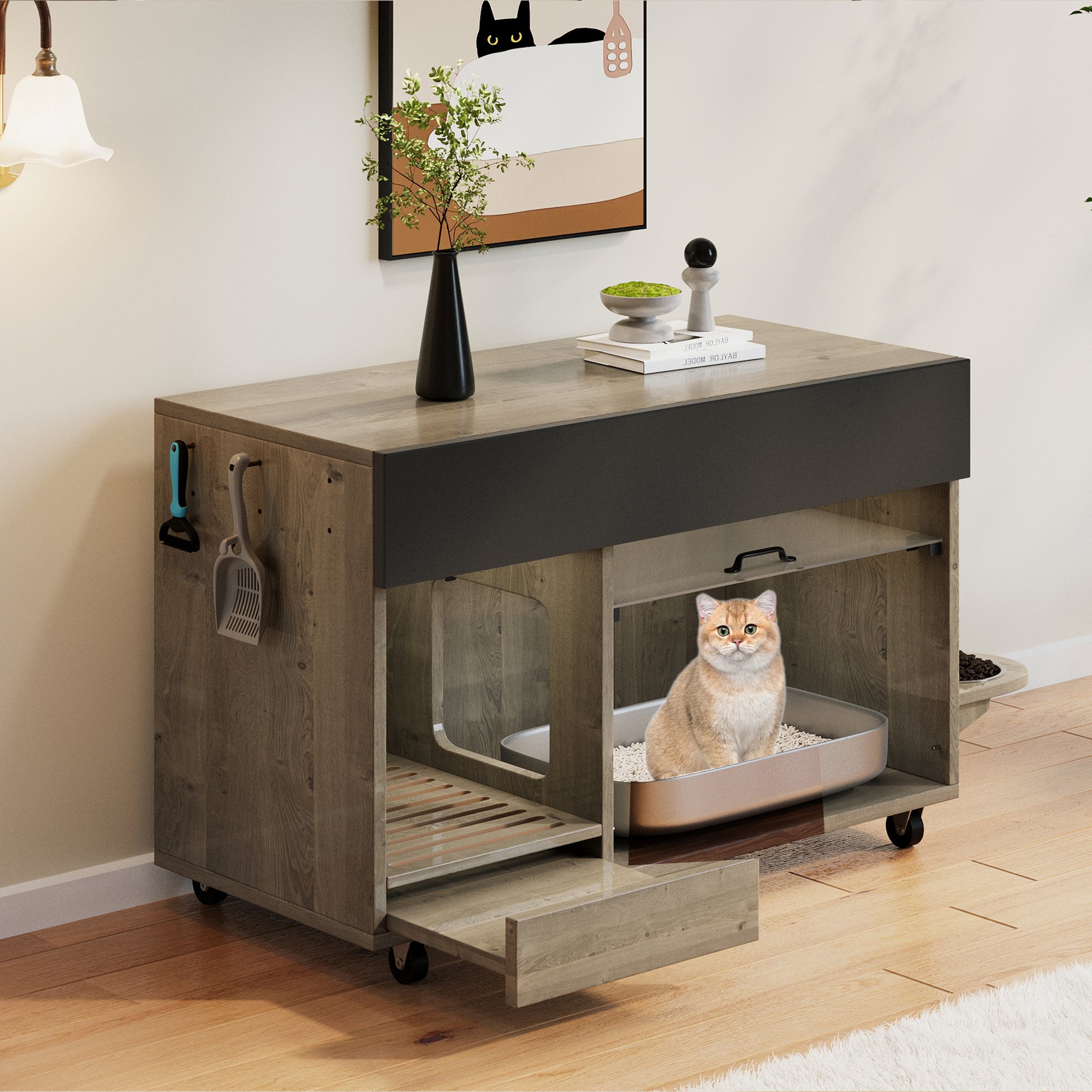 Movable Cat Litter Box Cabinet Food Bowls Sand Tray Pegboard 100x45.5x67cm - Oak