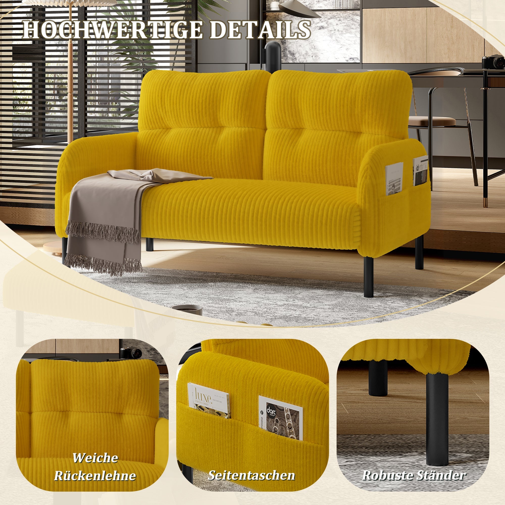 Corduroy Two-Seater Sofa Comfort Padding High Backrest Side Pockets Metal Feet, Corduroy Fabric