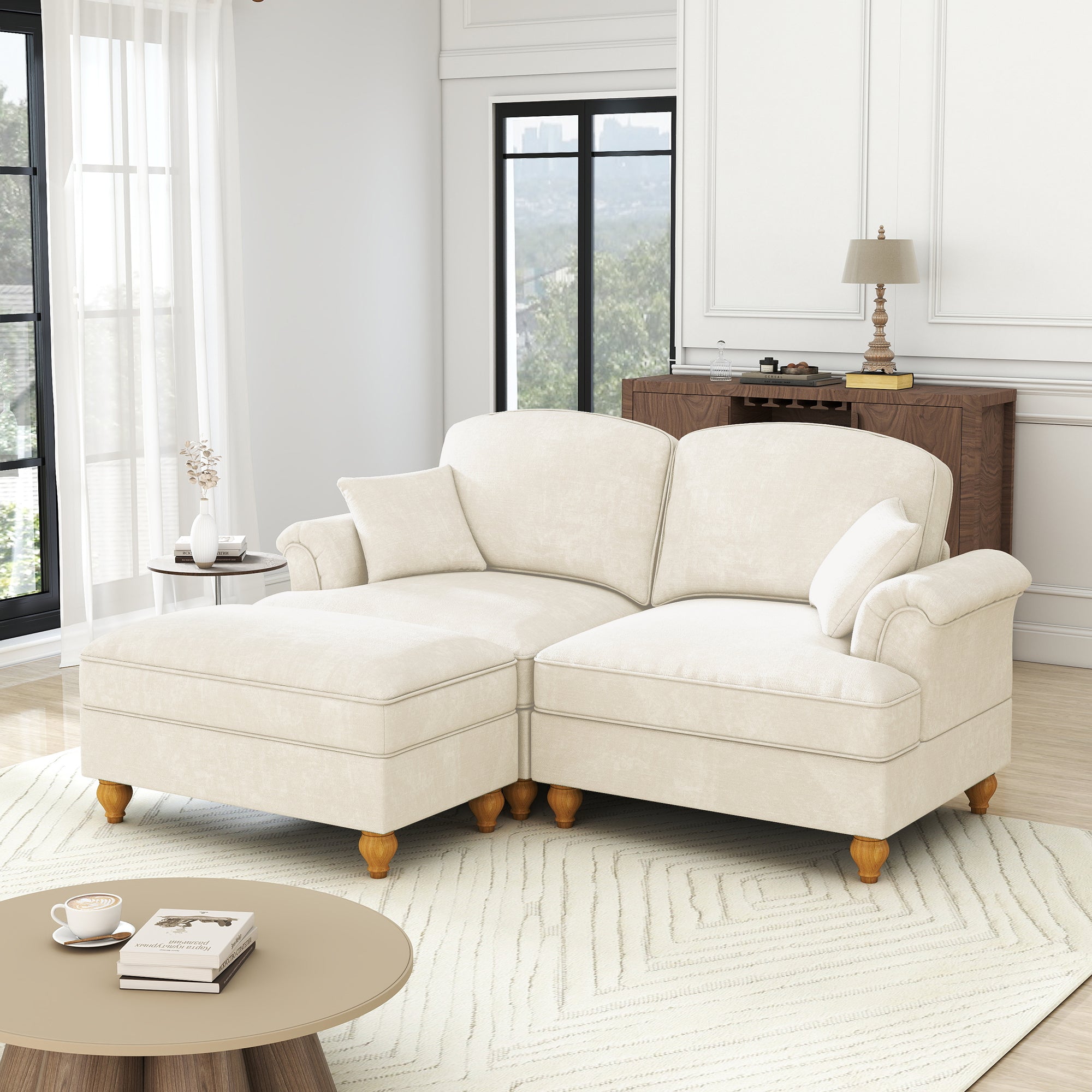 Modular L-Shaped Sofa 2-Seater Mid-Century Ottoman - White Chenille