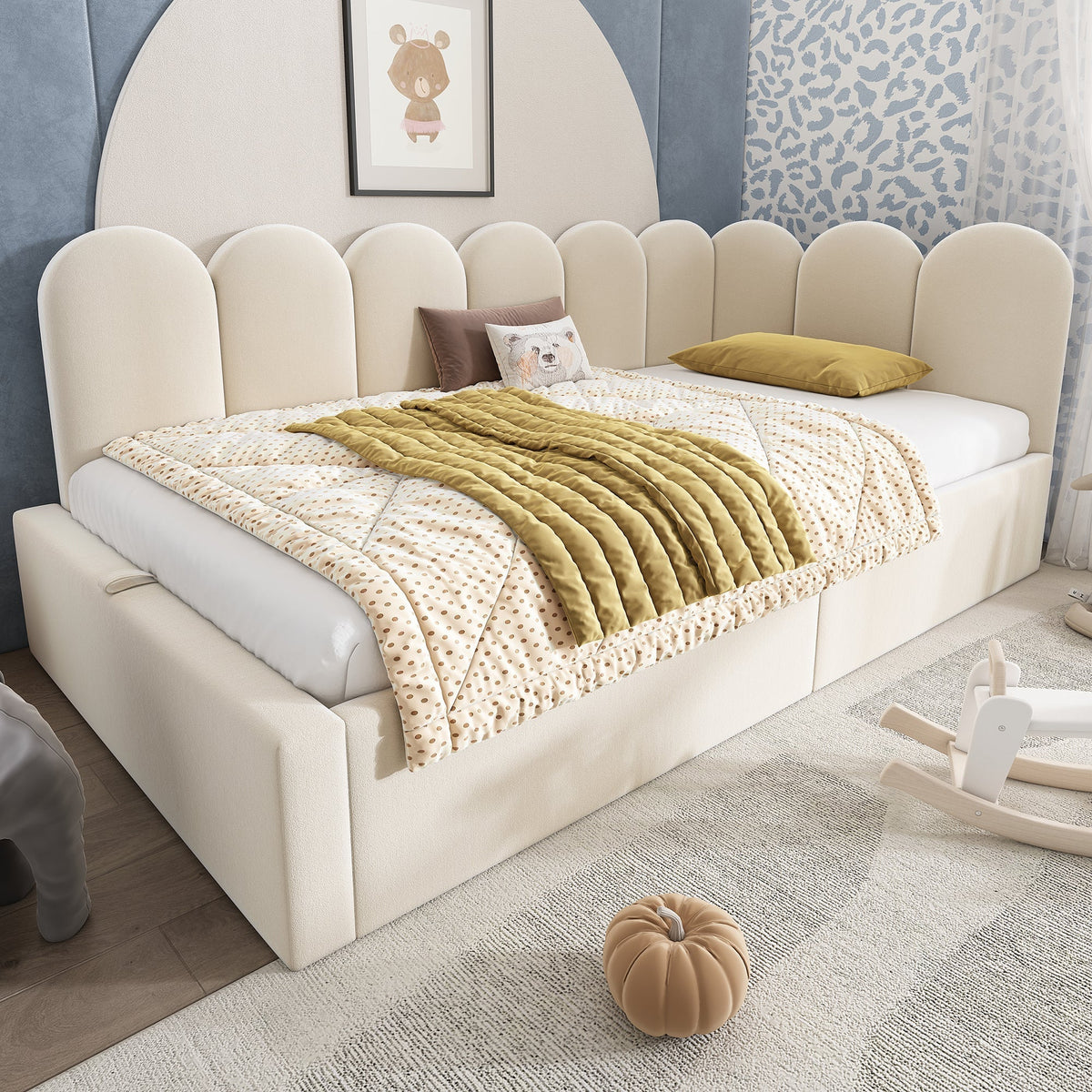 Upholstered Daybed Sofa Bed 90x190cm Hydraulic Storage Metal Slatted Base, Beige Velvet