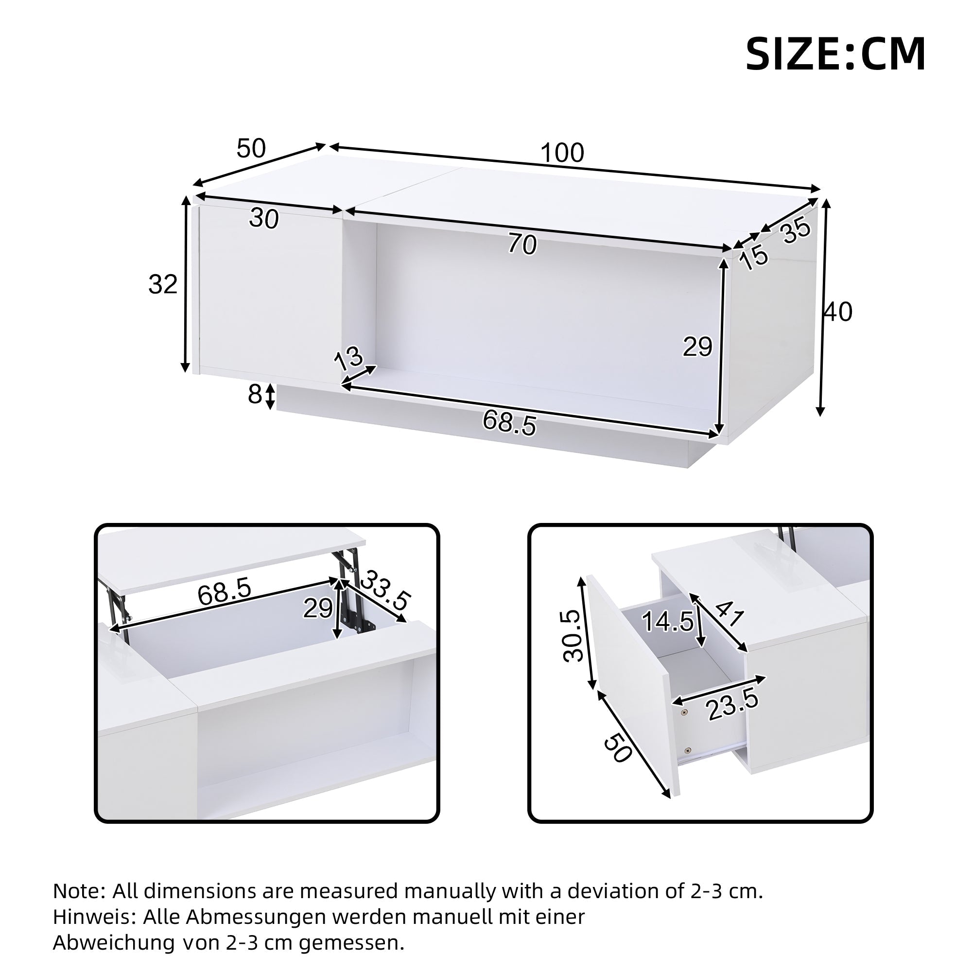 Coffee Table, Height-adjustable with Hidden Storage, LED Light & Drawer, White