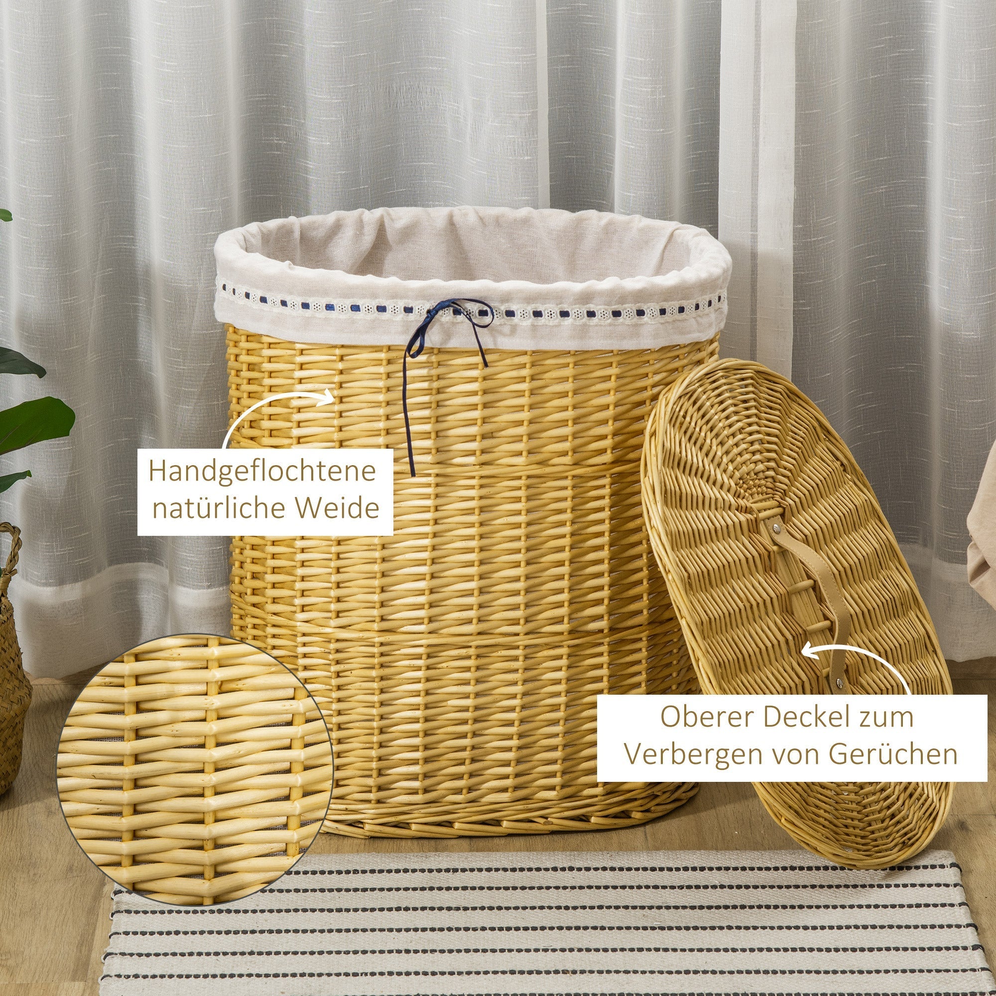 Laundry Basket 100L, with Lid, Wicker, Natural