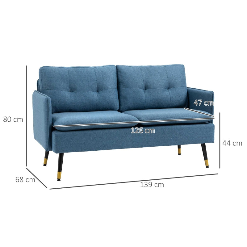 Modern Two Seater Sofa, Button Tufted Loveseat with Steel Legs, Dark Blue