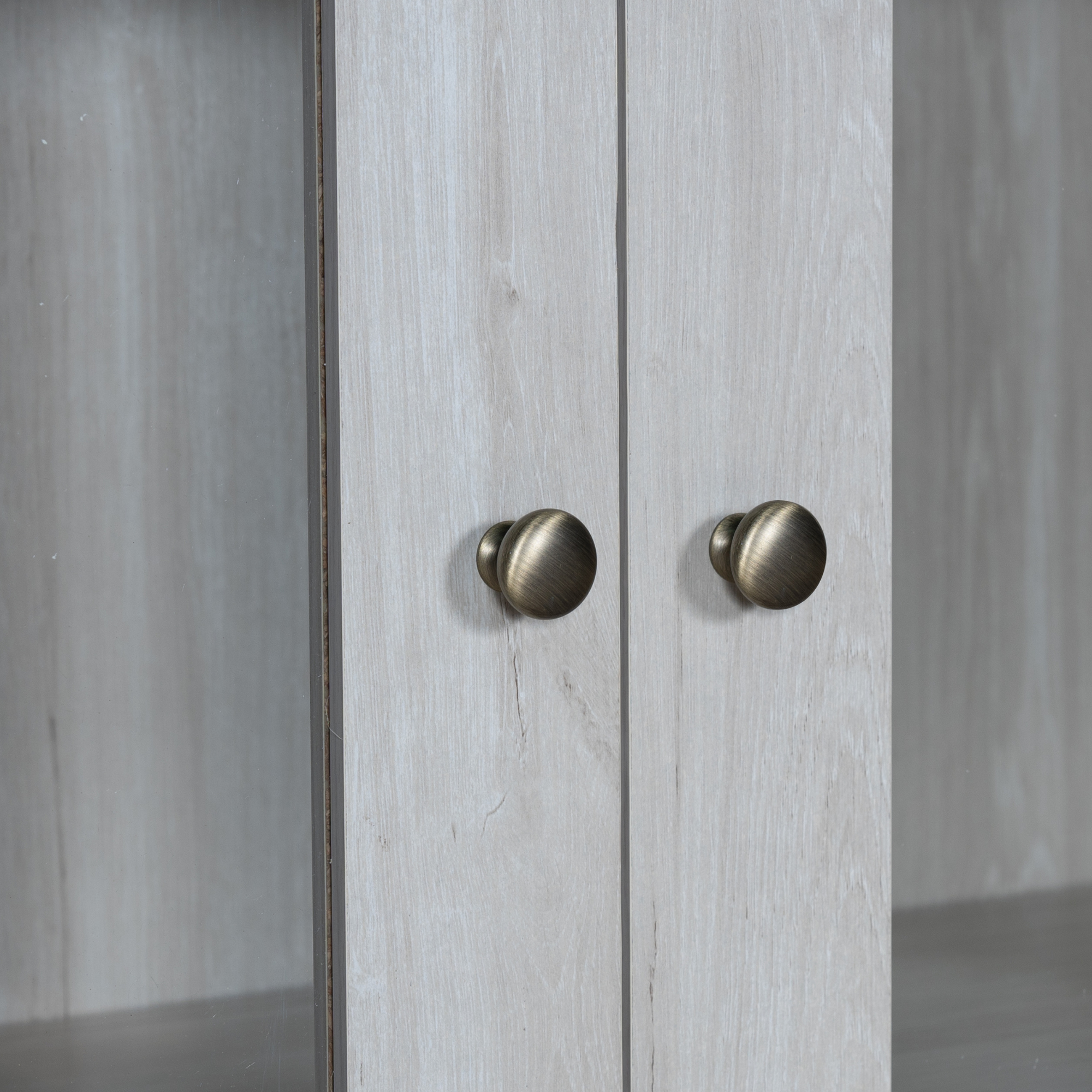 Modern Highboard Cabinet, 80x34x171 cm, Glass Doors, 3 Drawers, Wood Look with Copper Handles