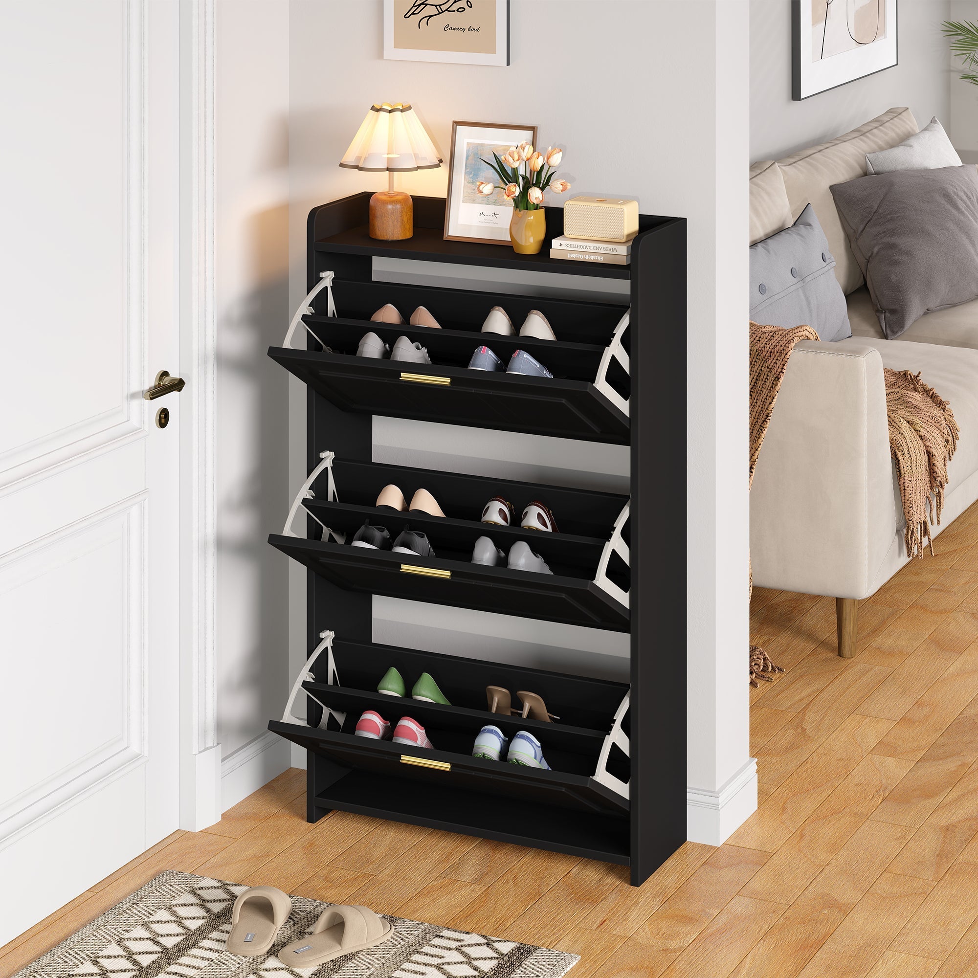 Shoe Cabinet 70x24x120cm 6 Compartments - Black