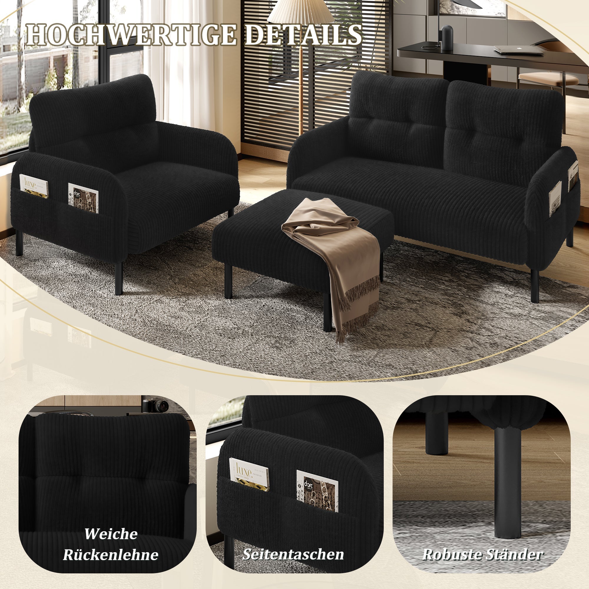Cord 3-Piece Modular Sofa Set, Deep Seat Comfort Side Pocket, Black