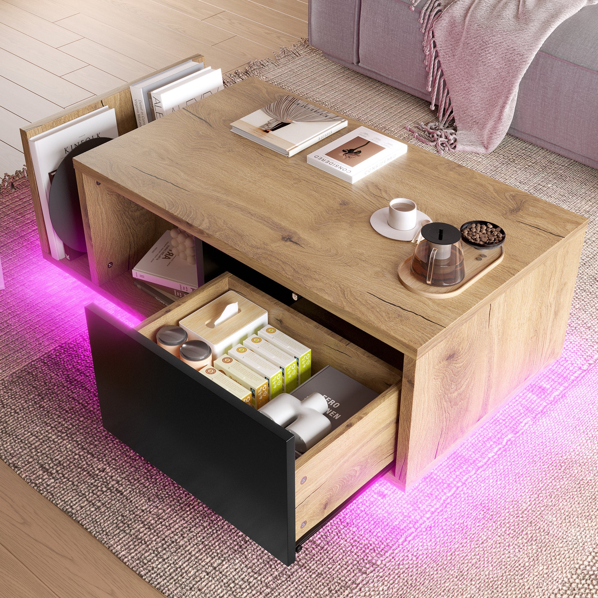 Retro Sideboard, Room Divider with LED Lighting, Wood-Metal Design