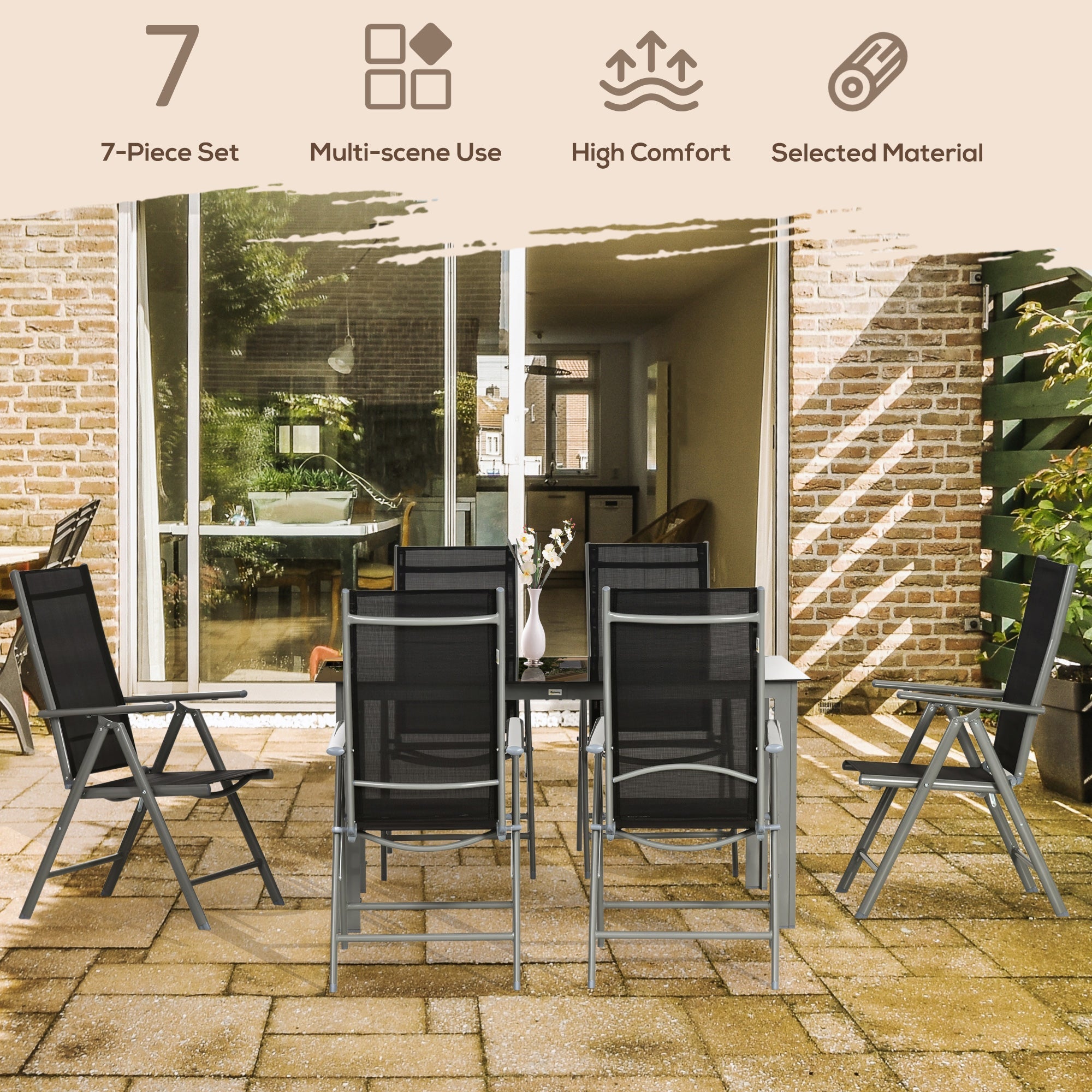 7 Piece Garden Dining Set, Folding and Reclining Chairs with Tempered Glass Table, Aluminium Frame, Black