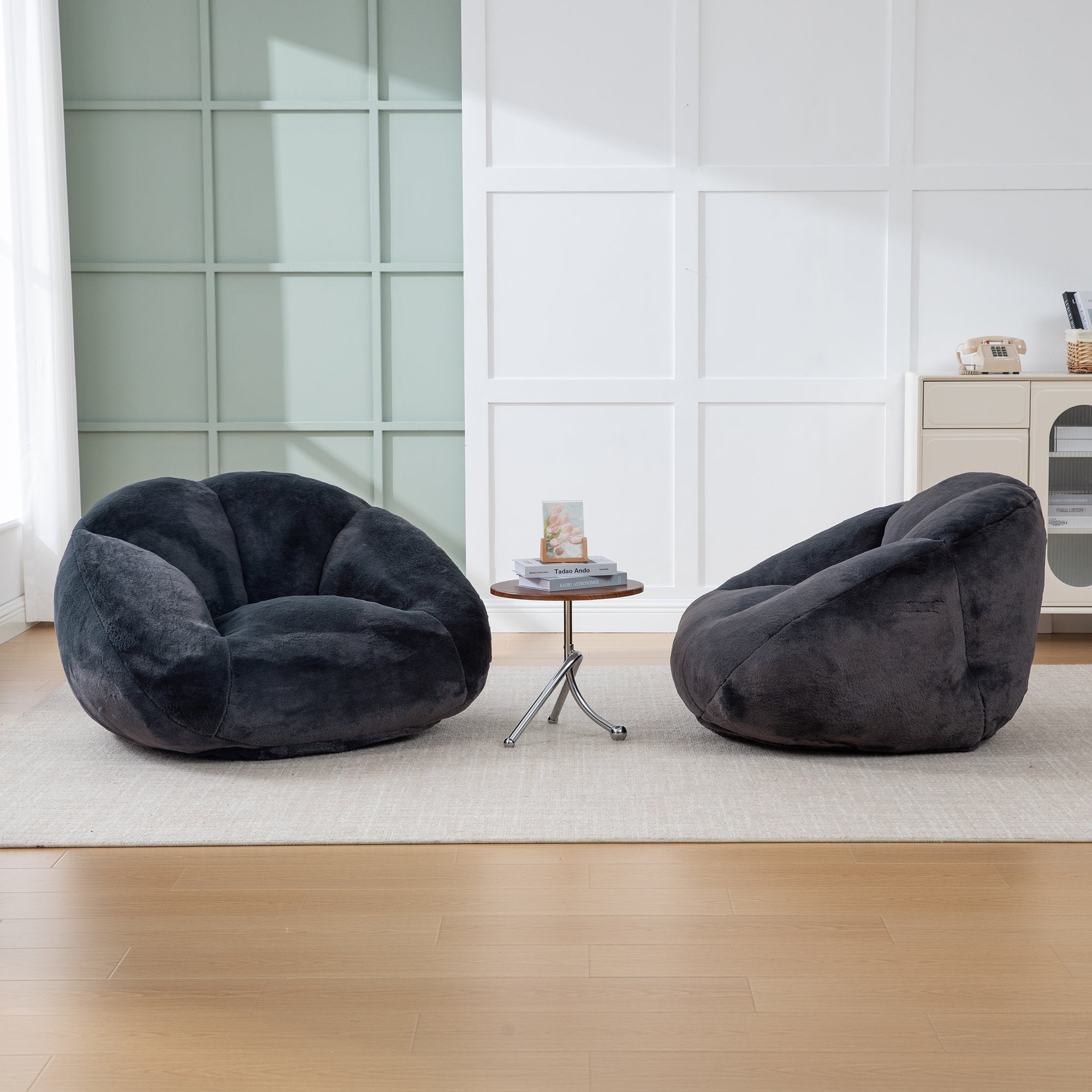 Soft Plush Beanbag Sofa with Non-Slip Base and Memory Foam, Faux Rabbit Fur