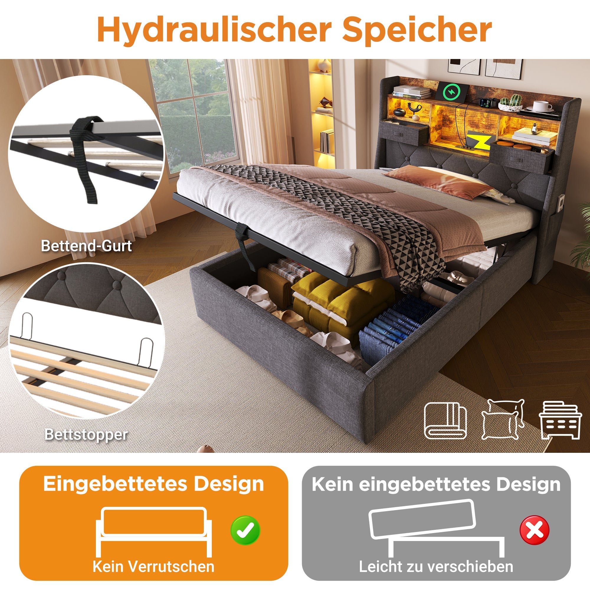 Upholstered Single Bed 90x200cm Hydraulic Storage LED Headboard USB/Type-C Charging, Grey Linen Fabric