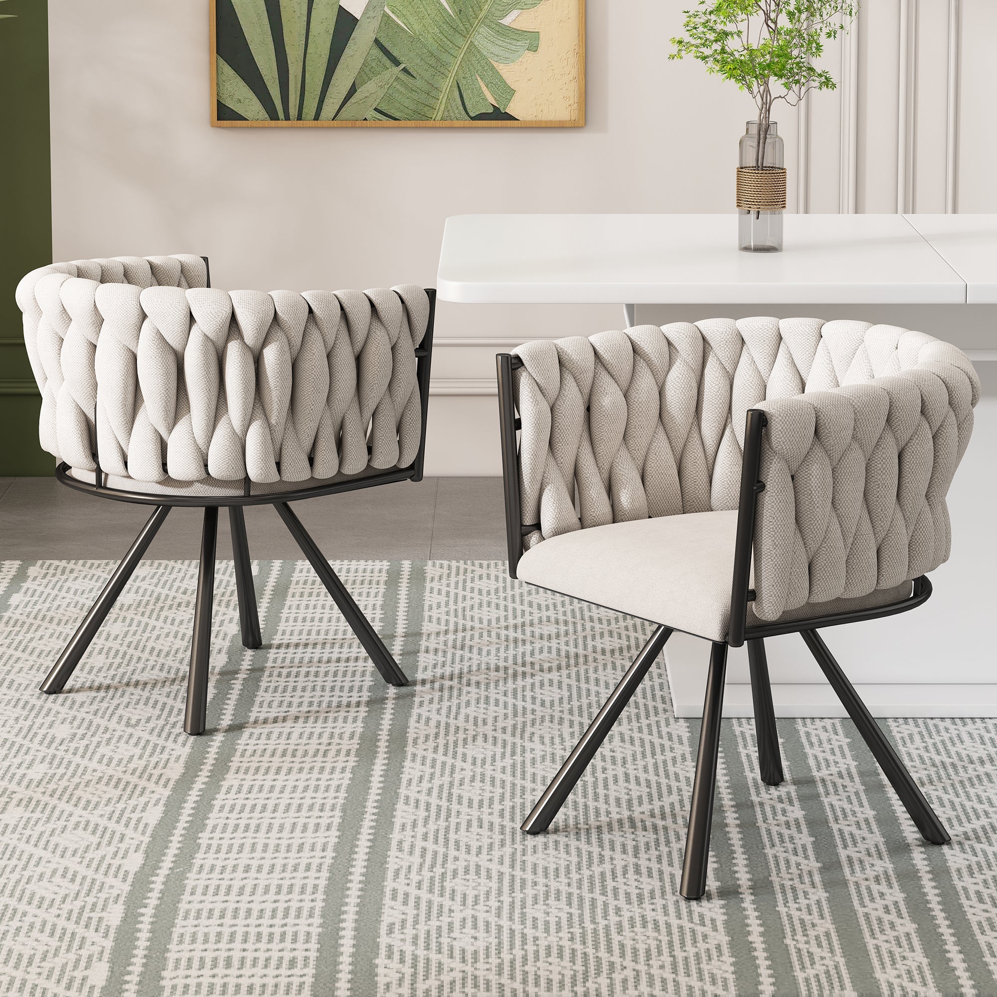 Linen Dining Swivel Chairs, Set of 6, Leisure Armchair with Metal Legs, Beige and Black Linen