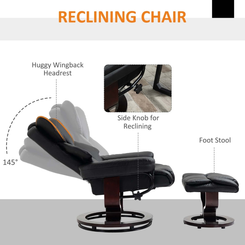 360° Swivel Recliner Chair with Footstool, Manual Recliner Armchair, Black PU Leather