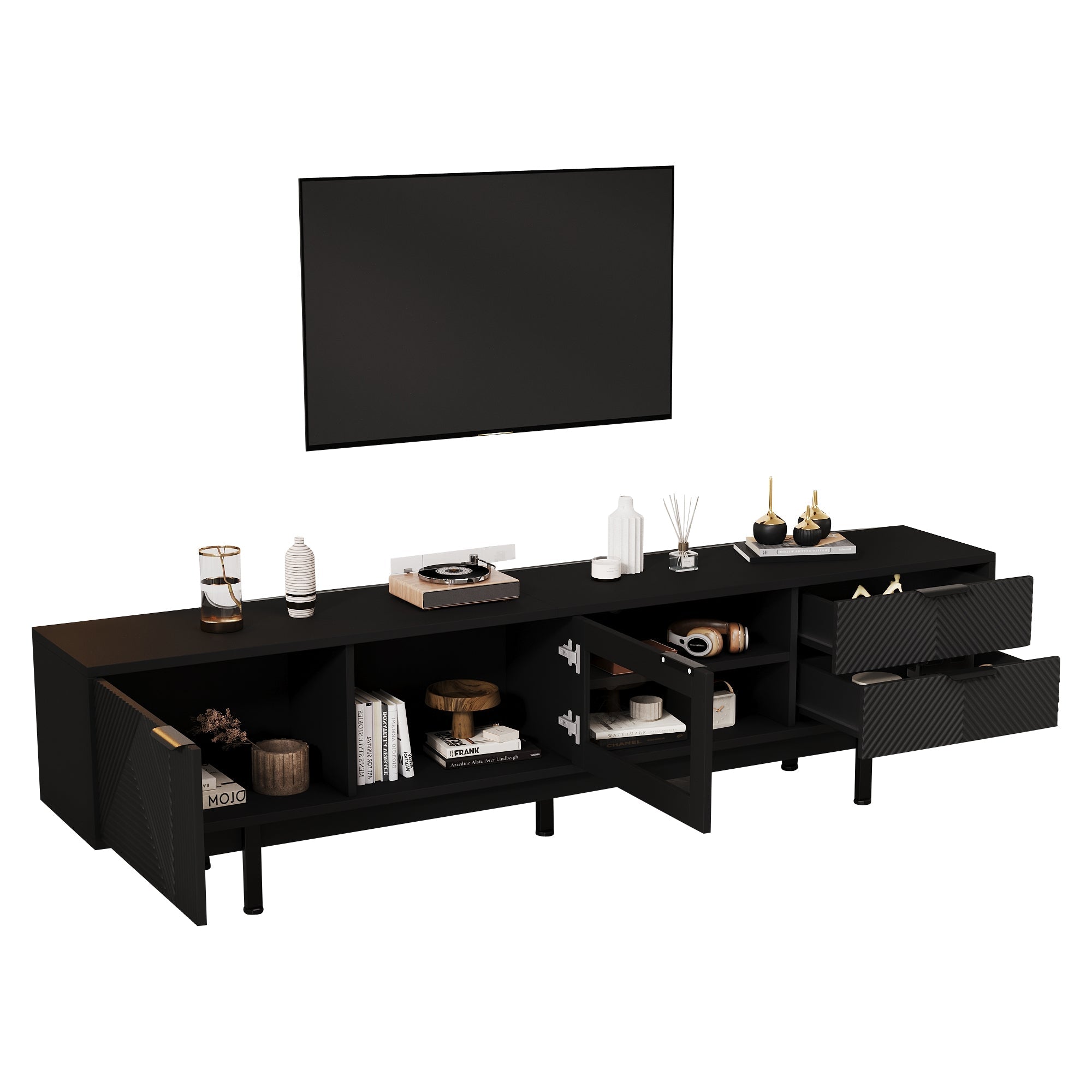 TV Cabinet, 2-Door 2-Drawer Lowboard TV Stand for 80-Inch TVs, Black