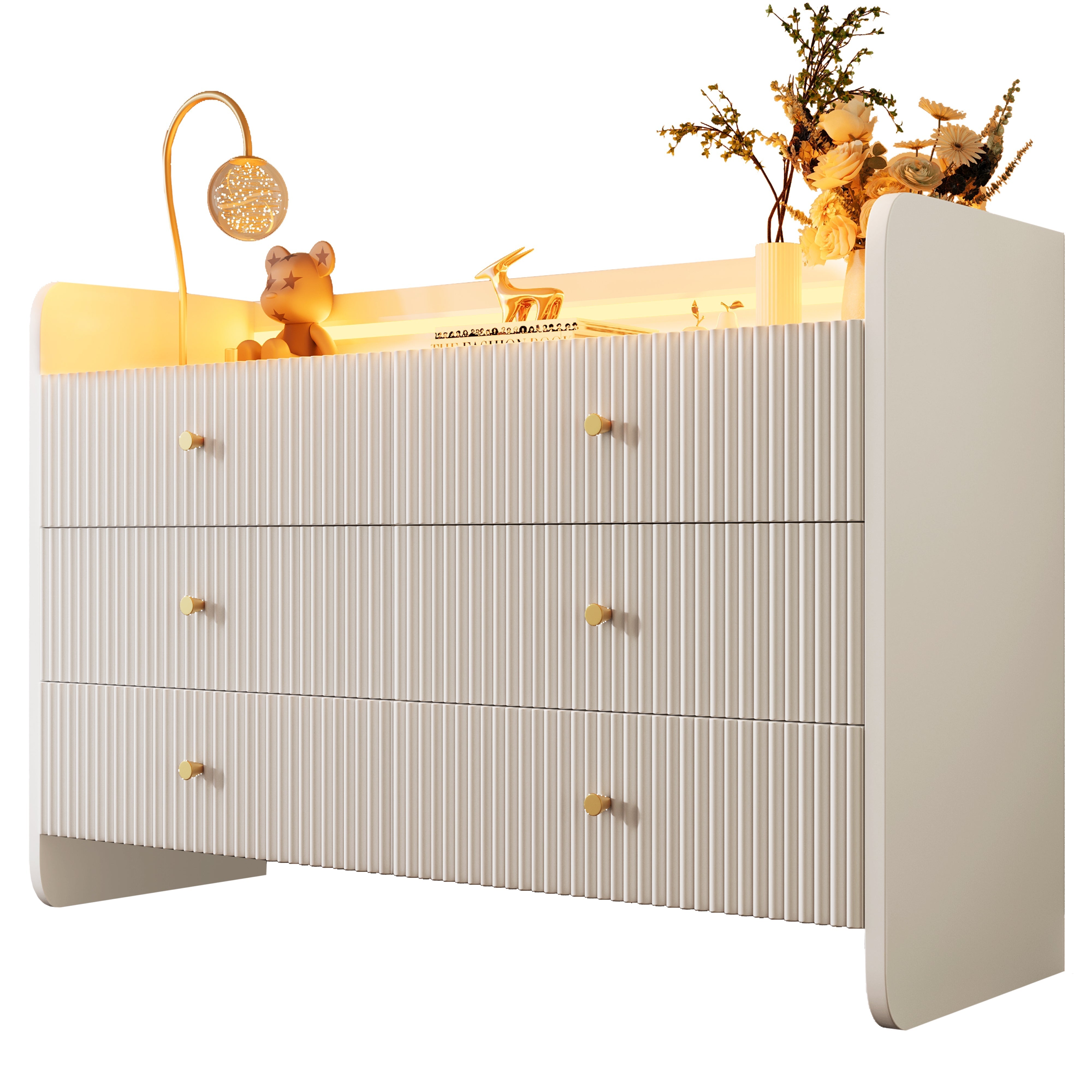 Fluted 6-Drawer Sideboard with RGB LED Lighting & Shelves, White